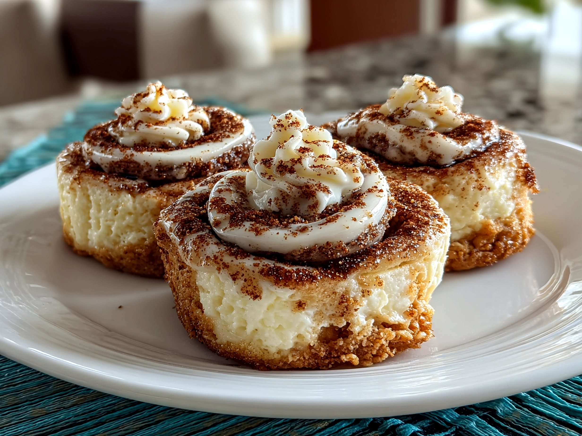 Beautiful cinnamon roll cheesecake cookies on a white plate