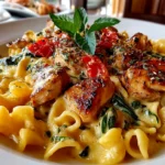 Beautiful creamy Tuscan chicken pasta fresh on white plate