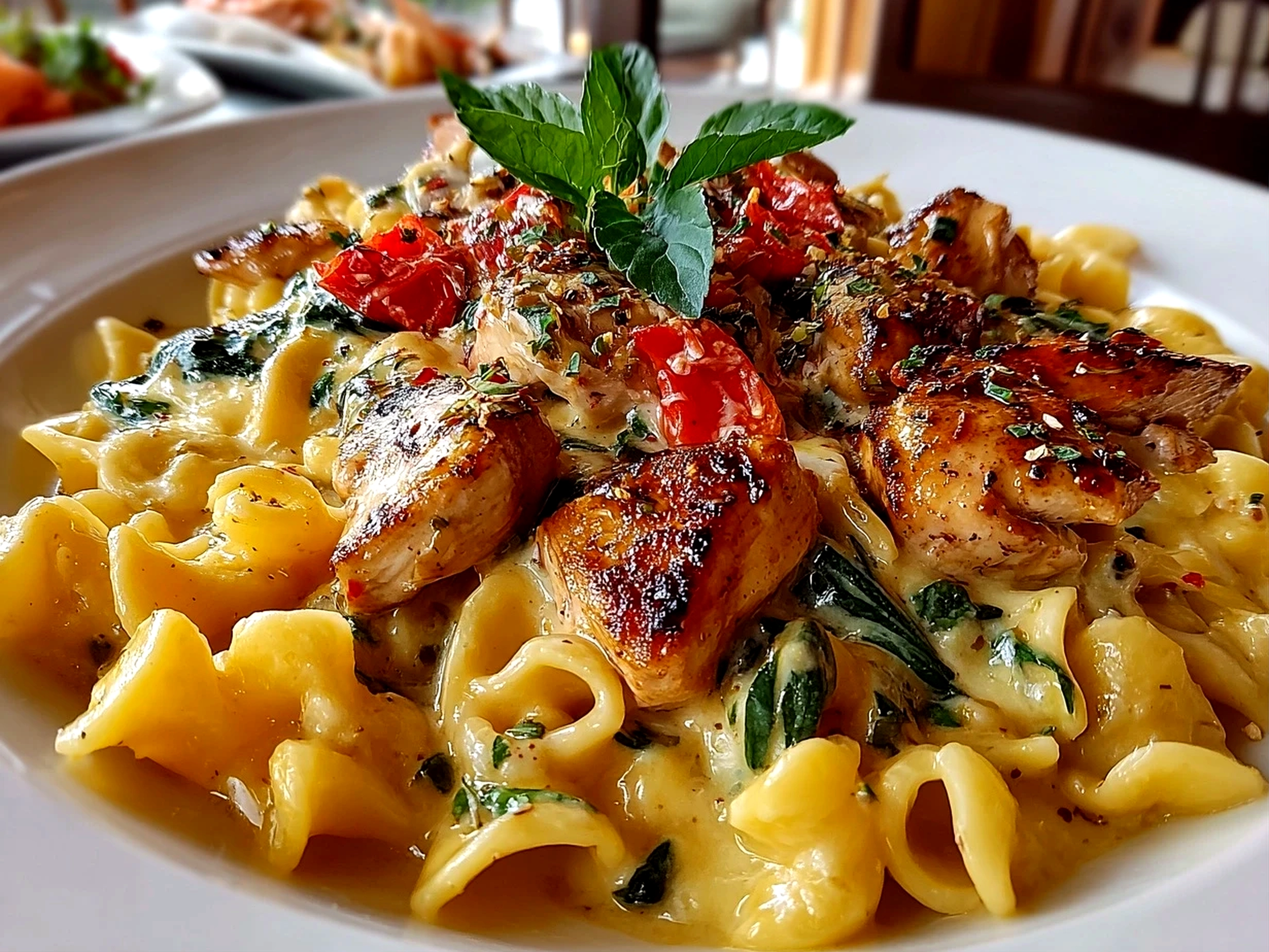 Beautiful creamy Tuscan chicken pasta fresh on white plate