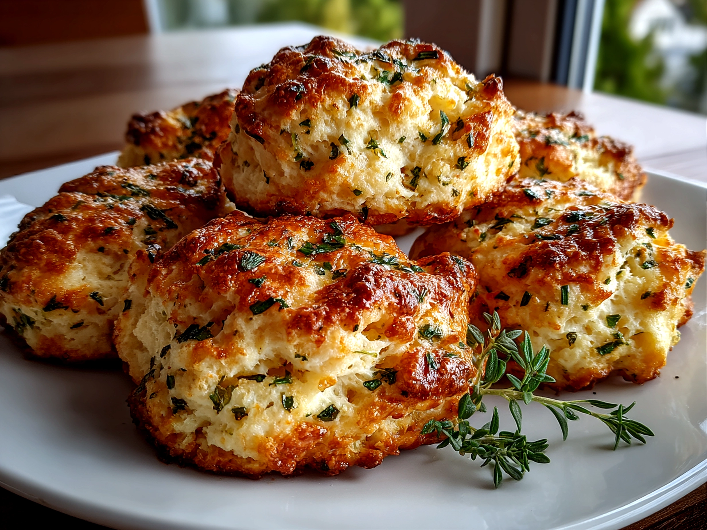 Beautiful freshly prepared Cottage Cheese and Herb Biscuits on white plate