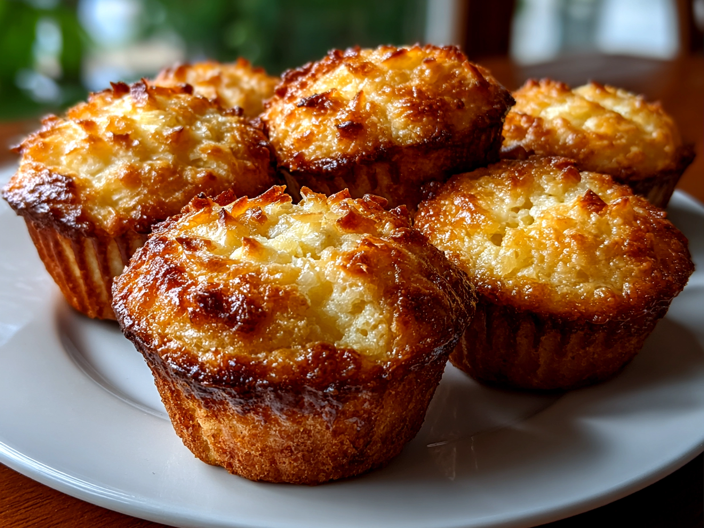 Beautiful homemade Coconut and Pineapple Cottage Cheese Muffins on white plate