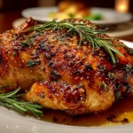 Beautiful homemade roasted chicken on white plate
