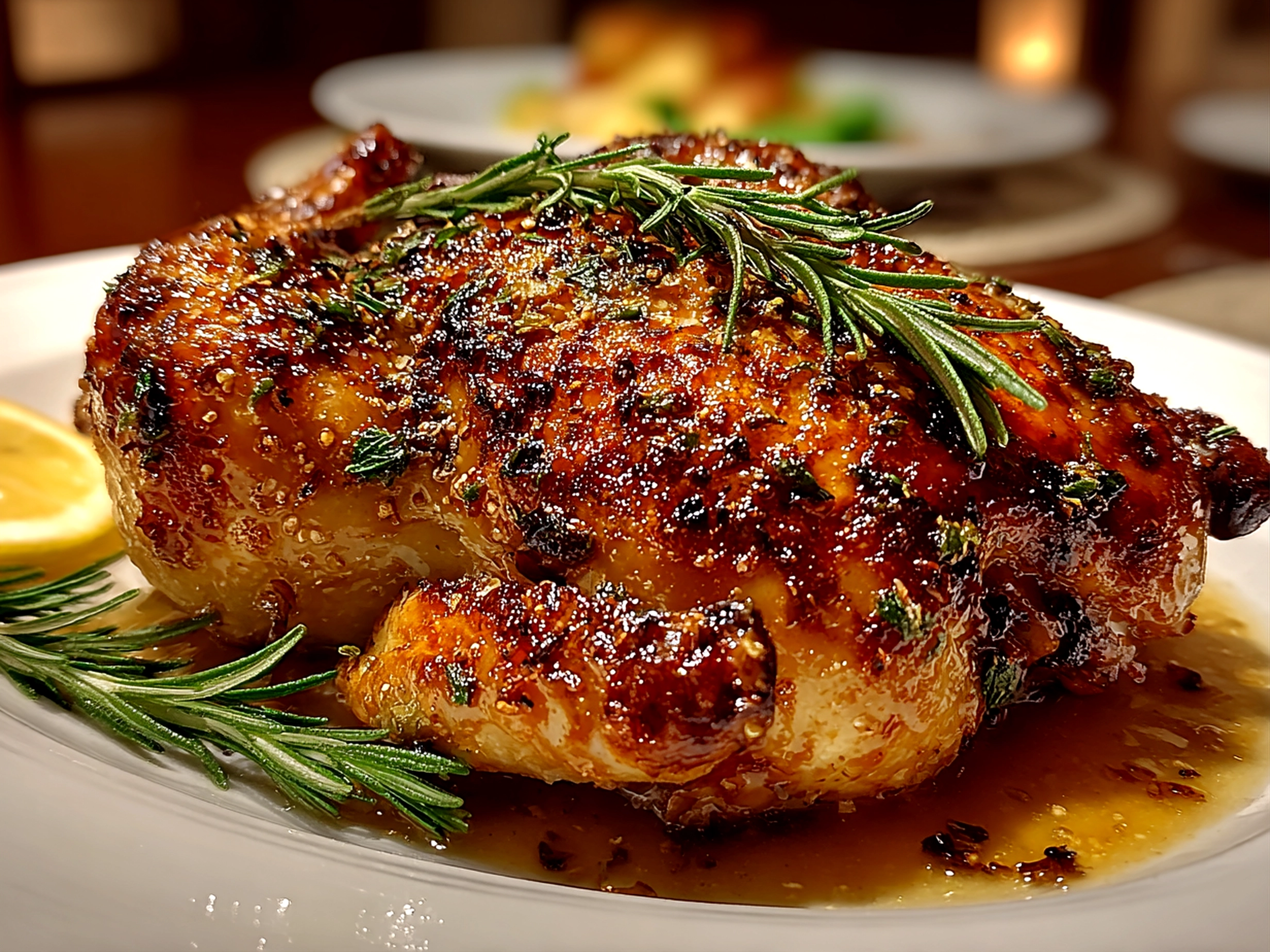 Beautiful homemade roasted chicken on white plate