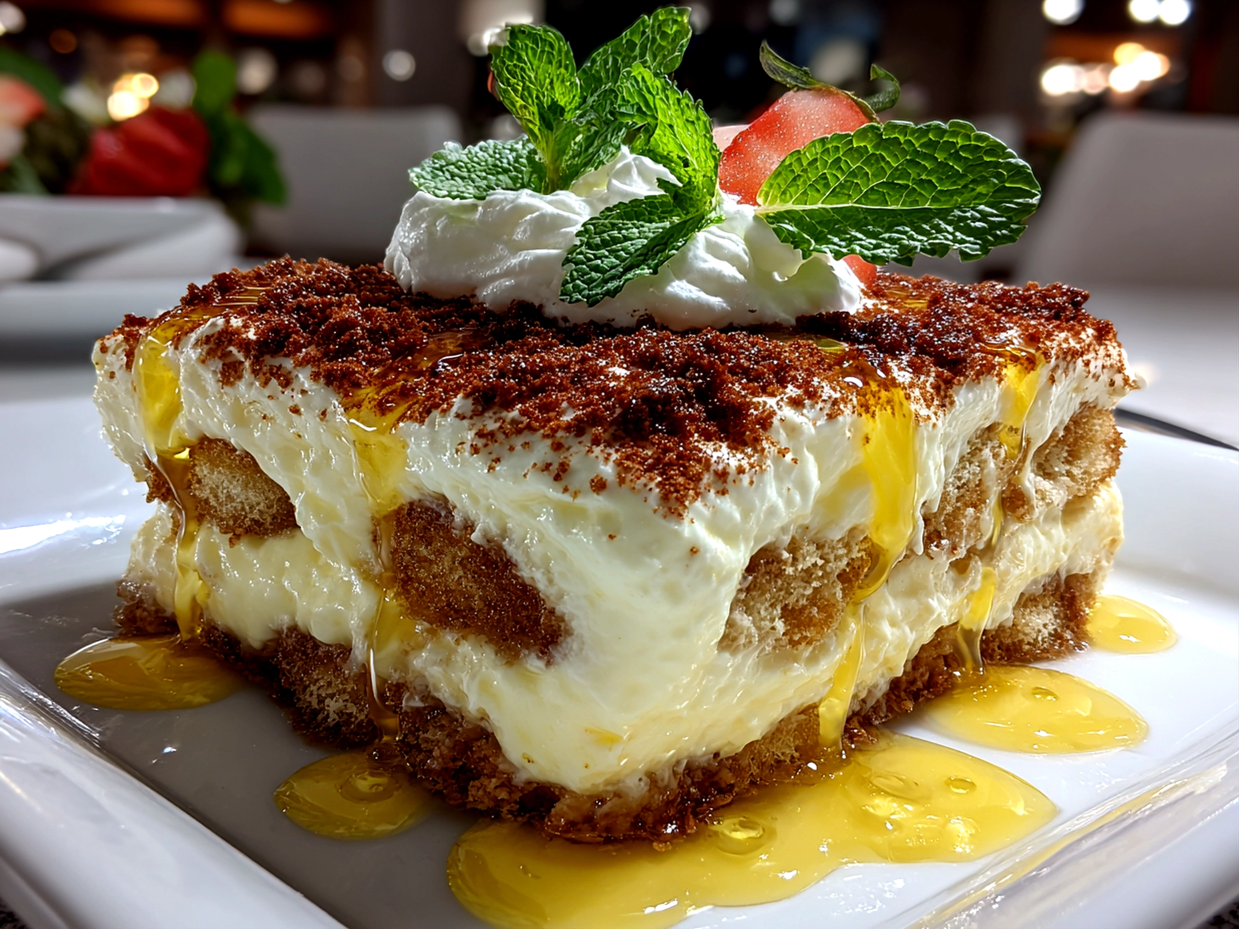 Beautiful Limoncello Tiramisu on white plate