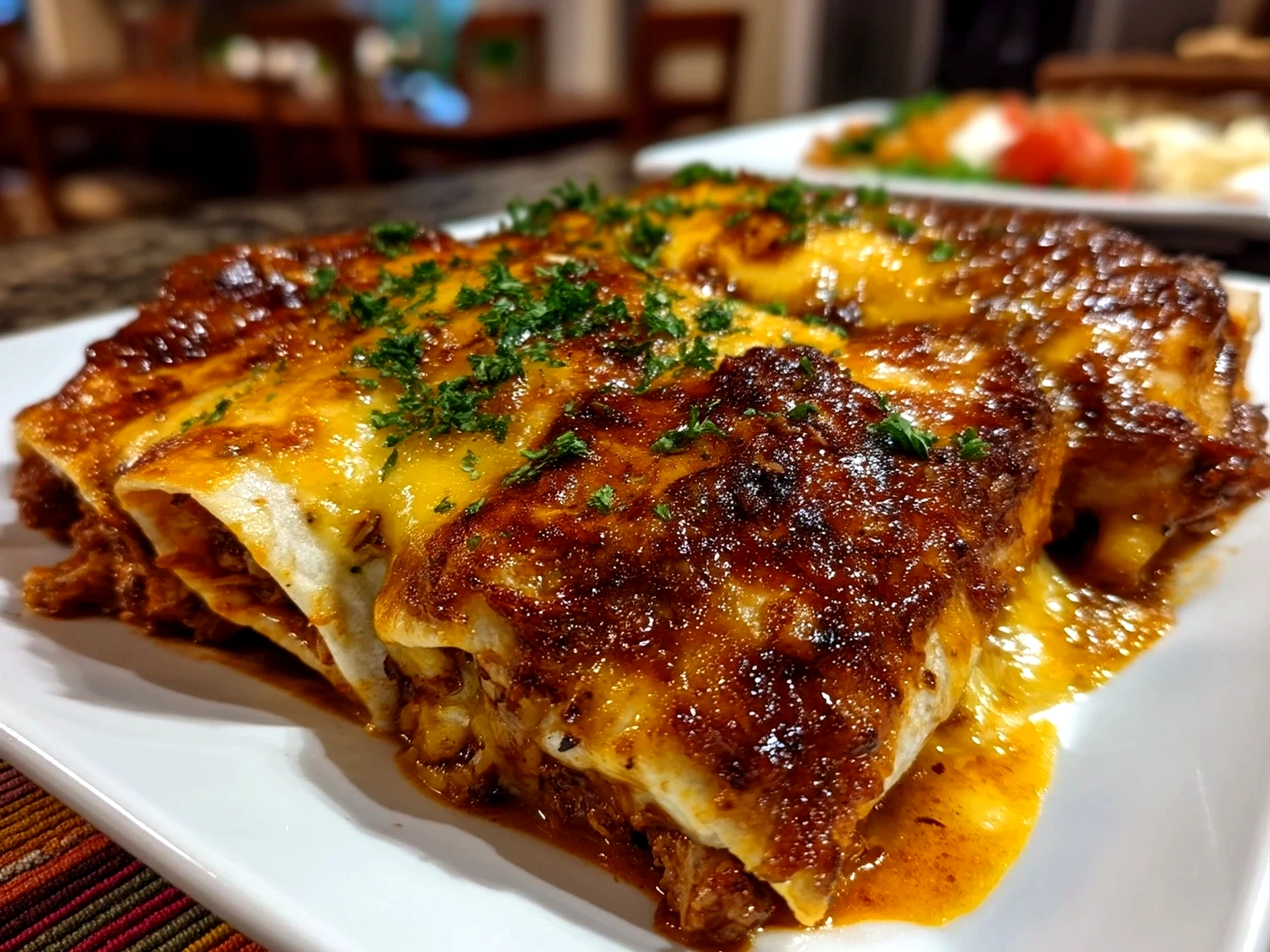 Final served plate of Birria Enchiladas garnished with fresh cilantro and lime wedges