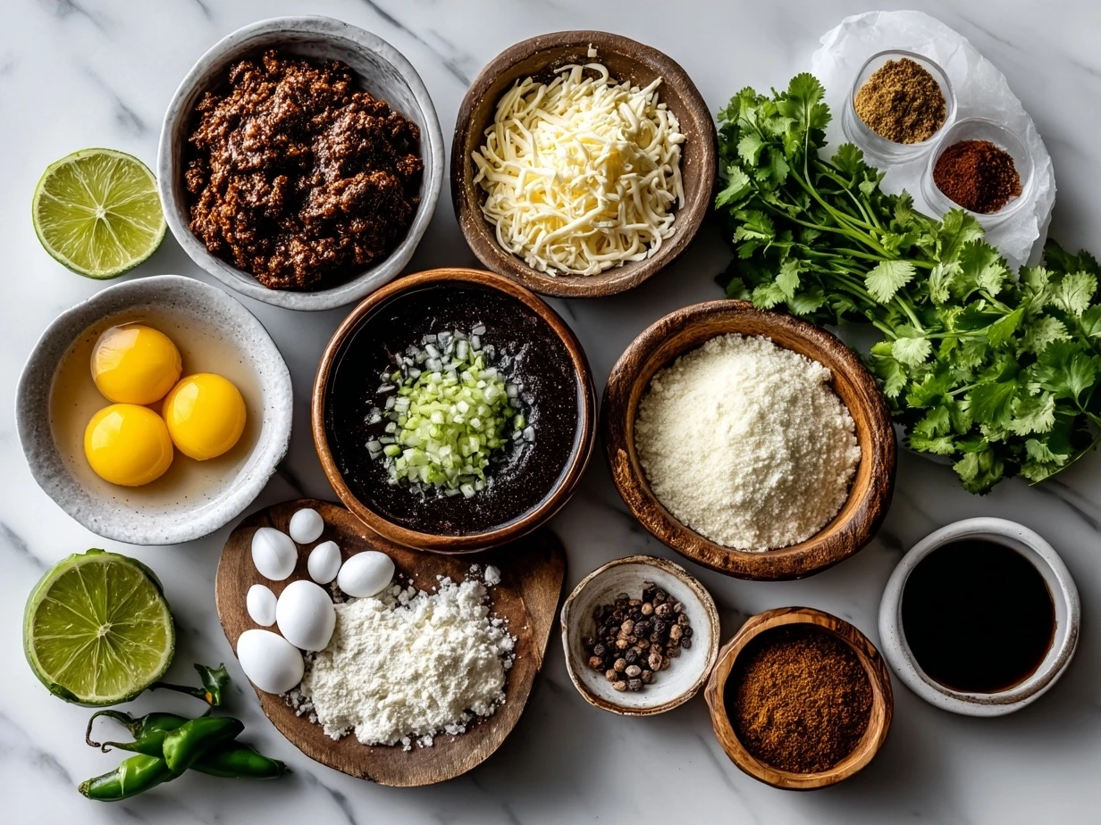 Ingredients for making Birria Enchiladas including beef, dried chilies, onions, garlic, spices, tortillas and cheese