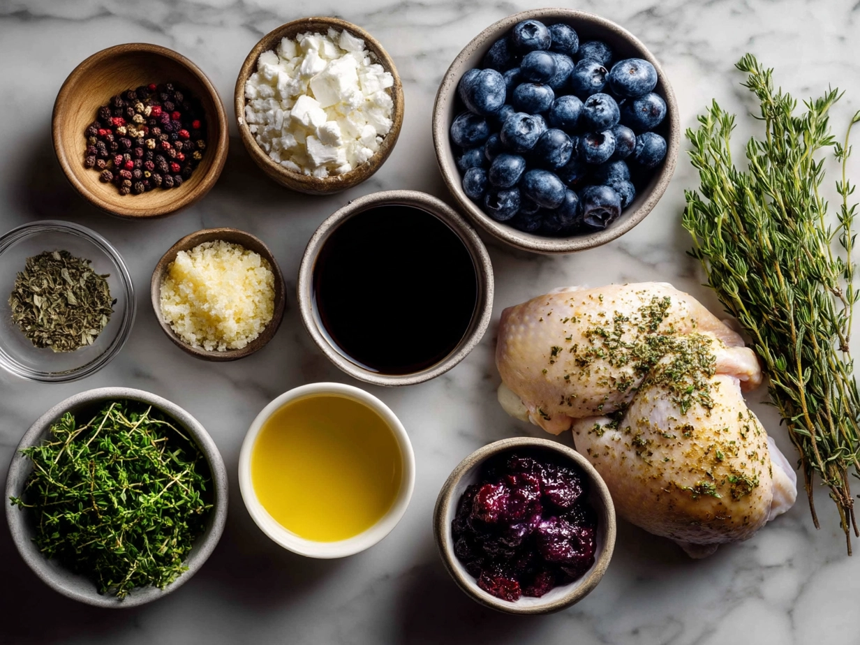 Ingredients for Blueberry Thyme Chicken including chicken breasts, fresh blueberries, thyme, balsamic vinegar, garlic, and honey