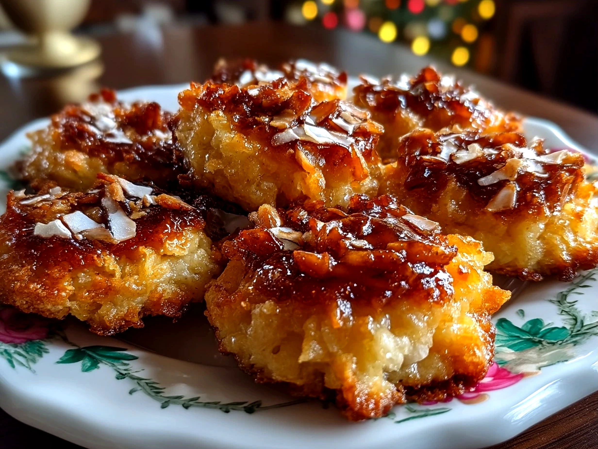 Serving plate of freshly baked Caramelized Apple Samoas with chocolate drizzle