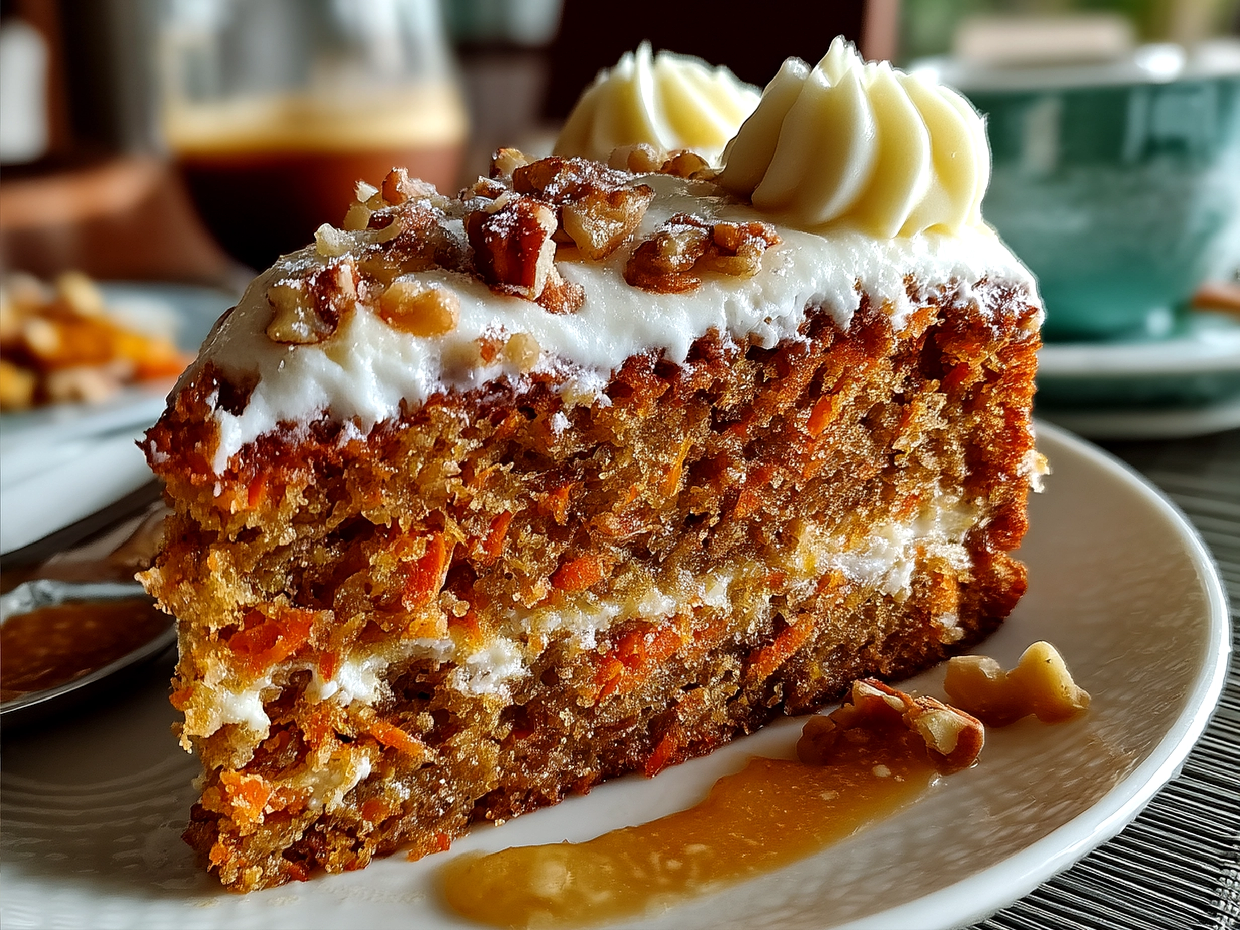 Sliced carrot cake with cream cheese frosting served on a plate