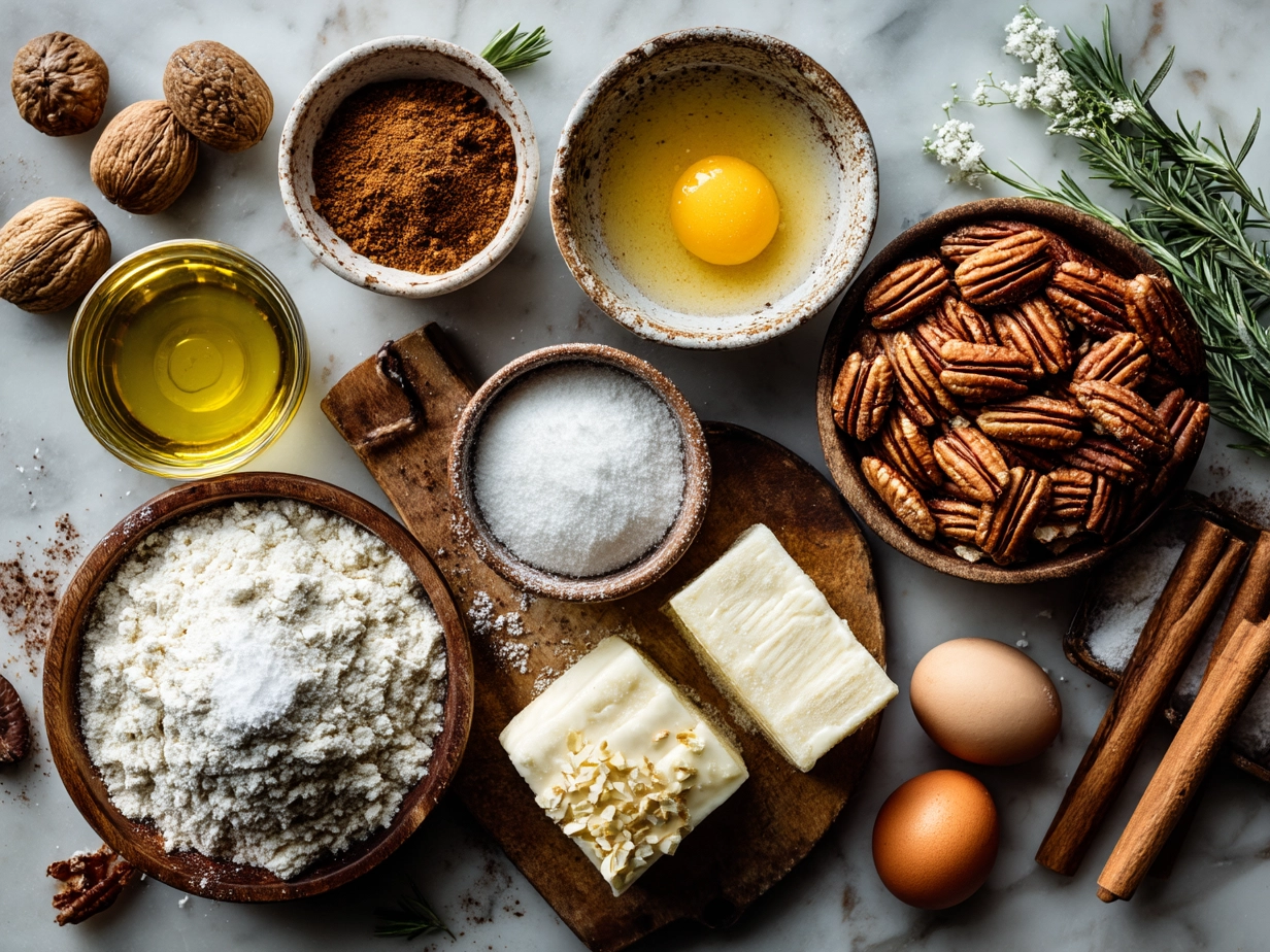 Ingredients for moist carrot cake including grated carrots, flour, sugar, eggs, cream cheese, and spices
