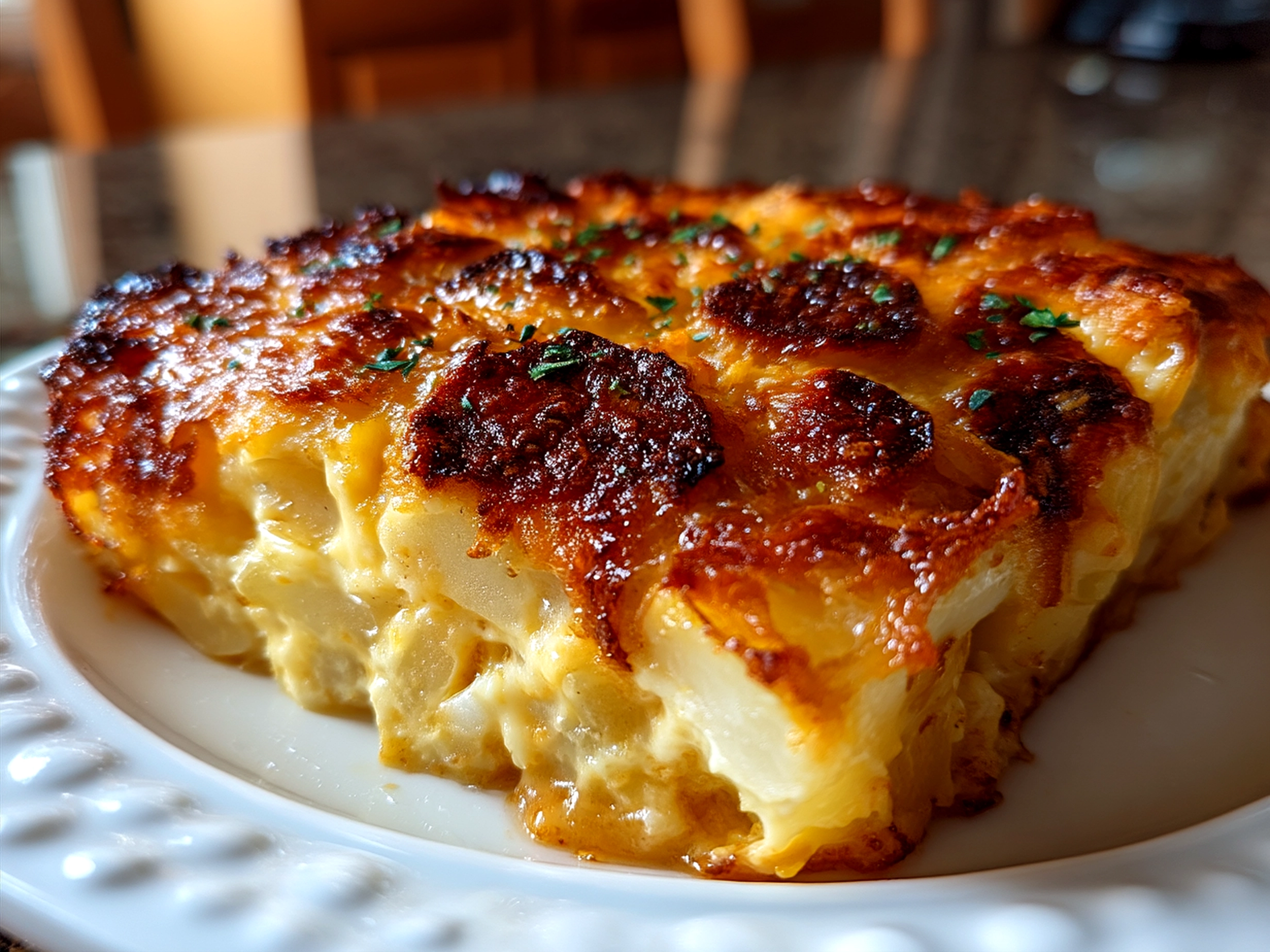 Cheesy Funeral Potatoes with Hashbrowns casserole served hot in a rustic baking dish with a crispy topping