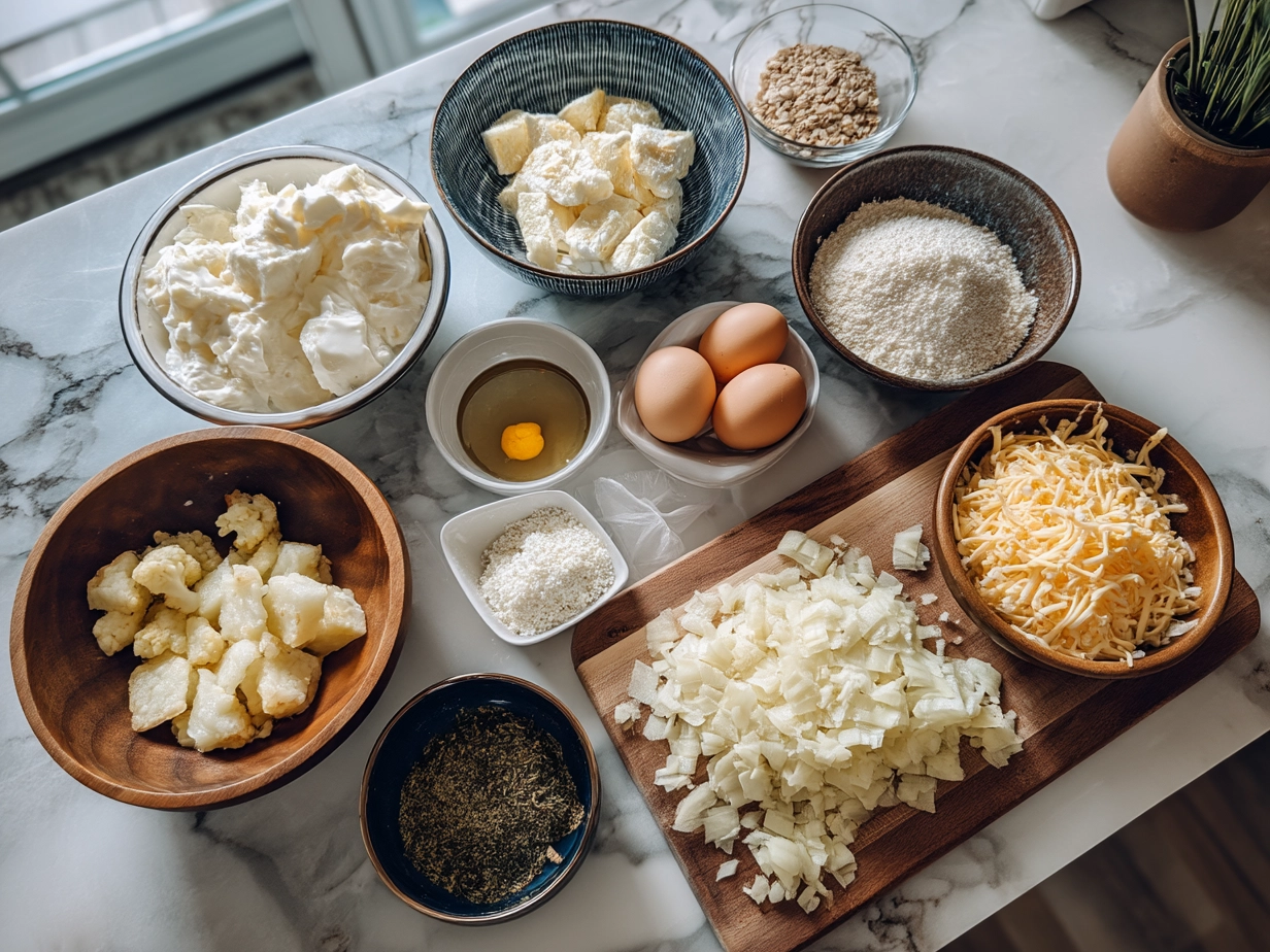 Ingredients for Cheesy Funeral Potatoes with Hashbrowns including shredded hashbrowns, cheddar cheese, cream of chicken soup, sour cream, onions, butter and crunchy topping
