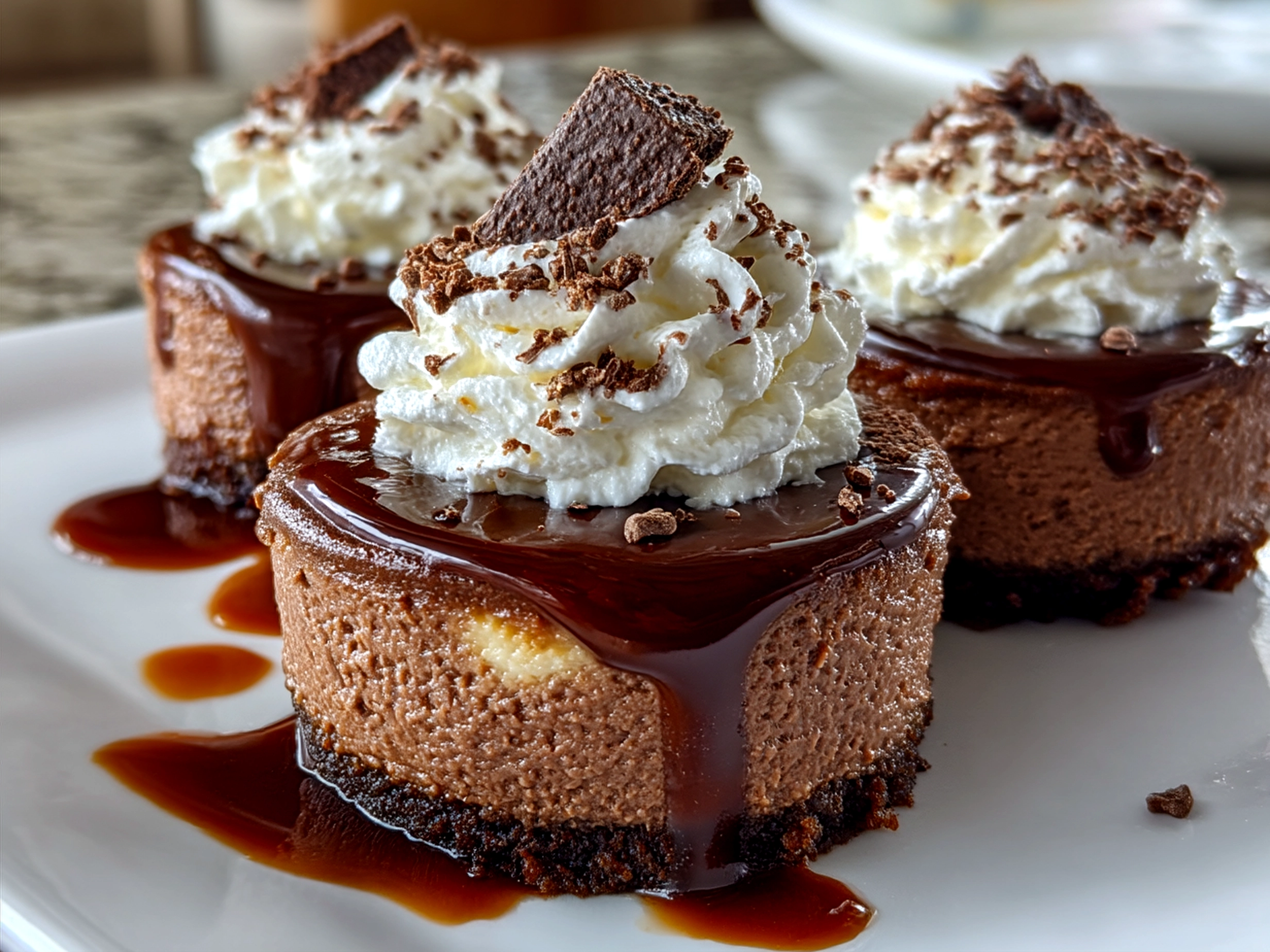 Serving Chocolate Gnome Cheesecakes beautifully decorated on a rustic wooden tray with holiday greenery