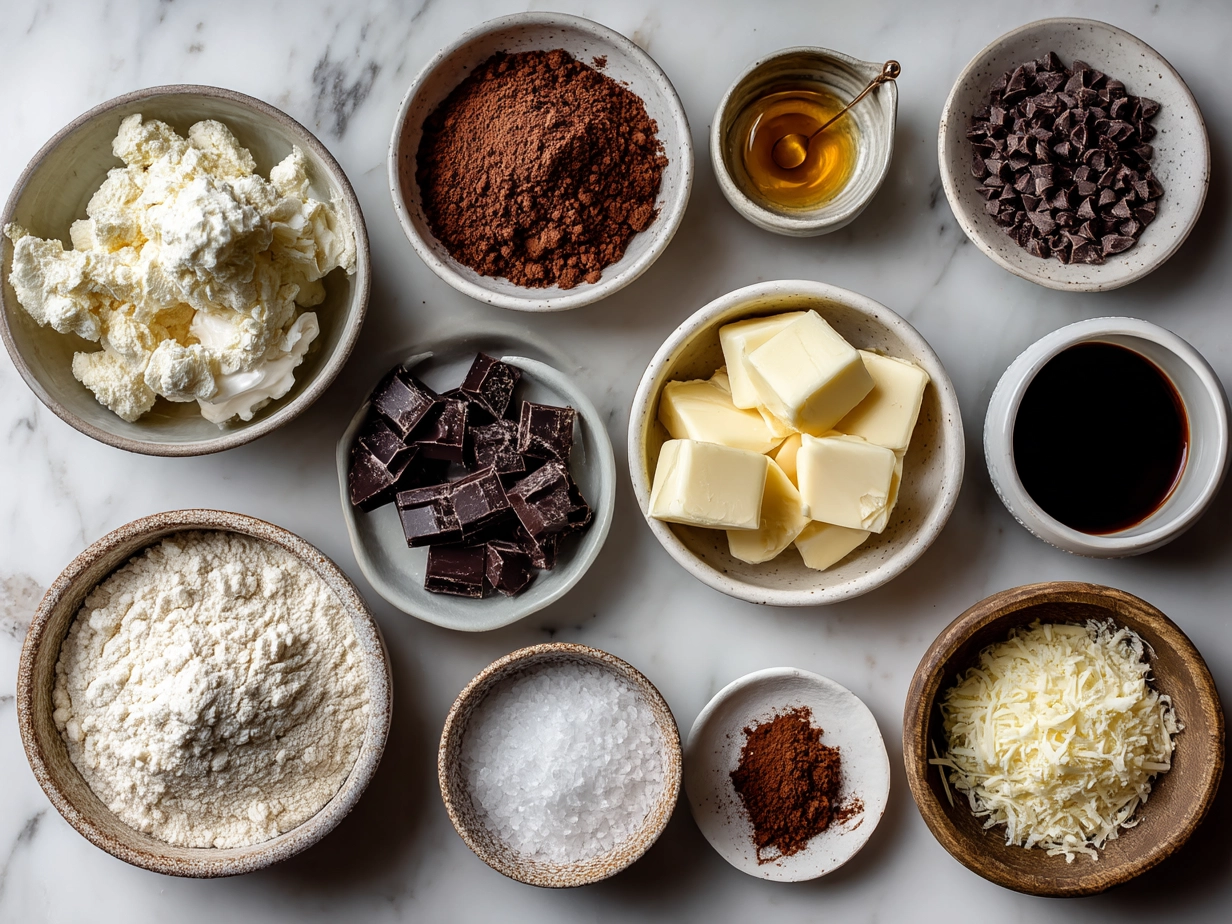 Ingredients for Chocolate Gnome Cheesecakes including crushed chocolate cookies, cream cheese, chocolate ganache, and gnome decorations