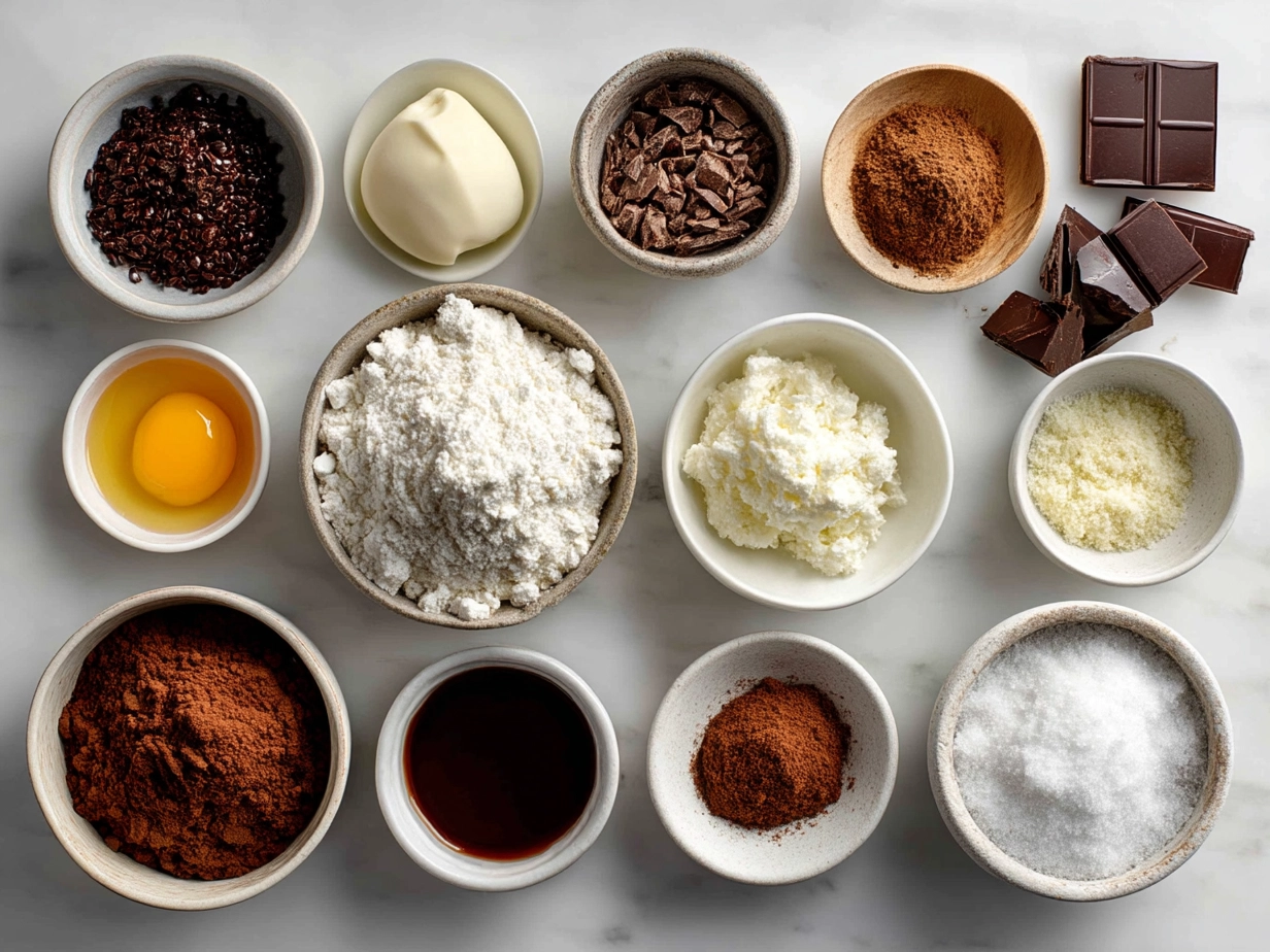 Ingredients for chocolate lava cake including chocolate, butter, eggs, powdered sugar, and flour