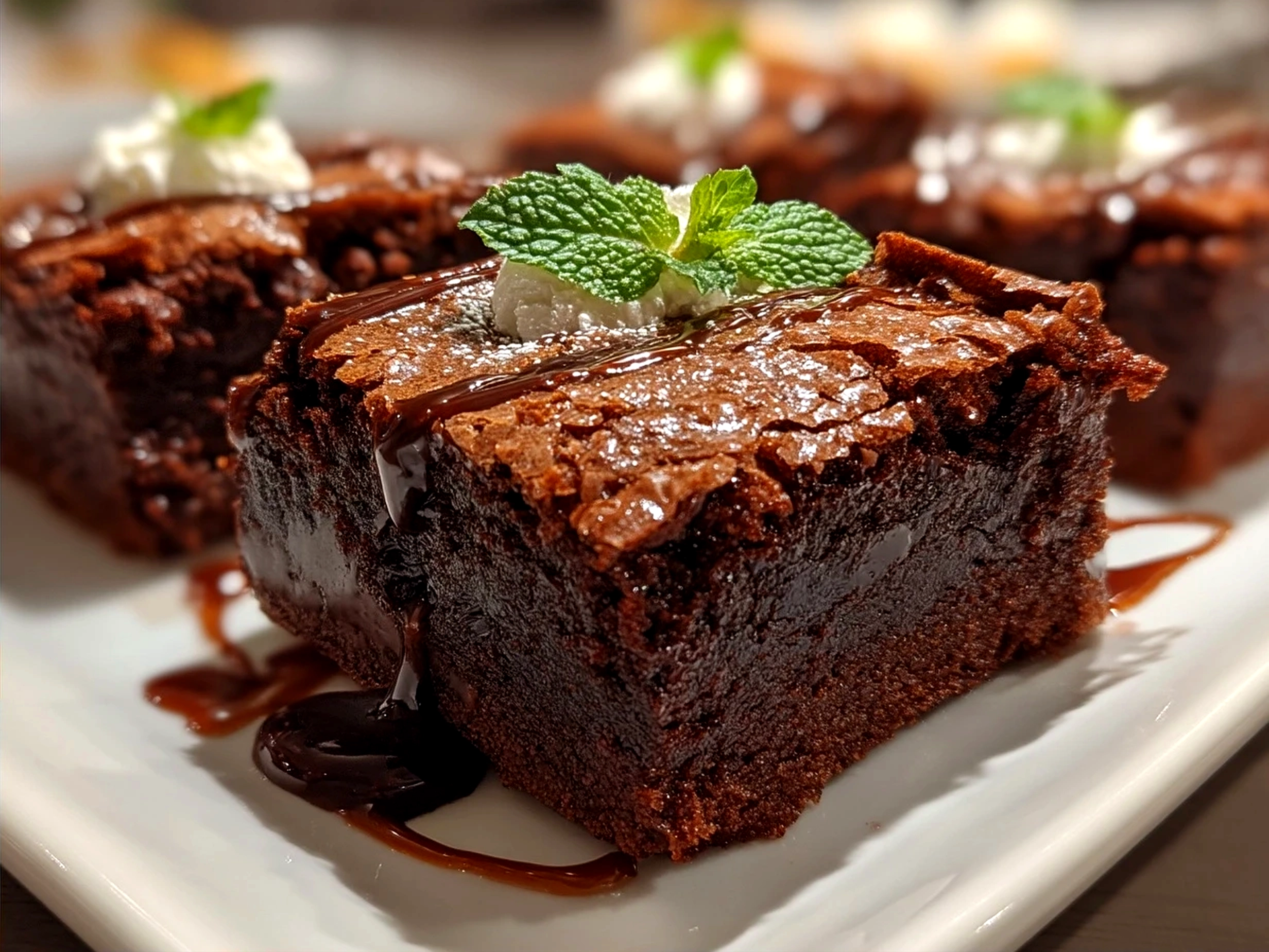 Served Chocolate Mousse Brownies with creamy mousse topping