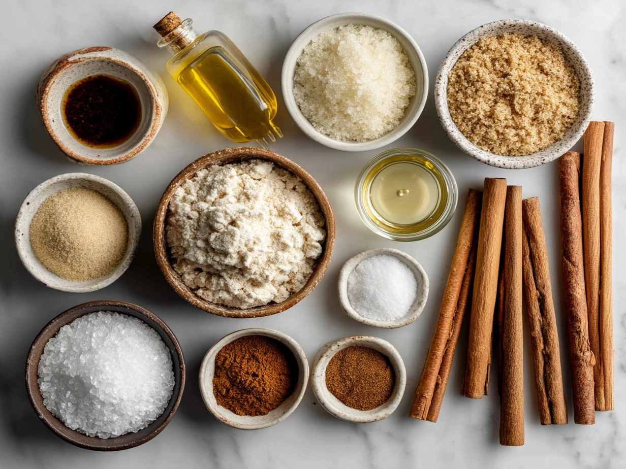 Ingredients for making Cinnamon Sugar Bagel arranged on a wooden surface