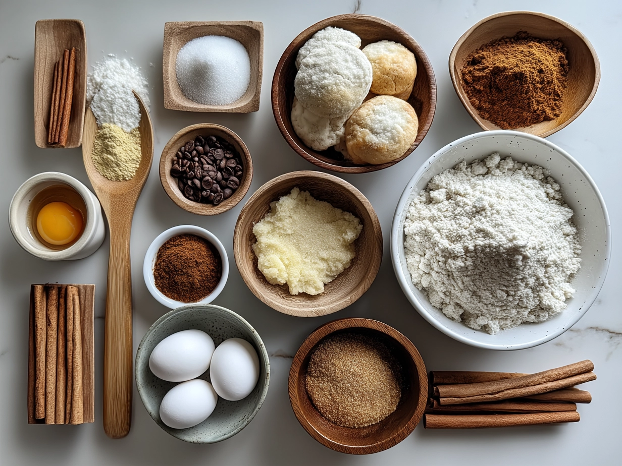Ingredients for cinnamon sugar bagels including bread flour, cinnamon, sugar, yeast, and egg white