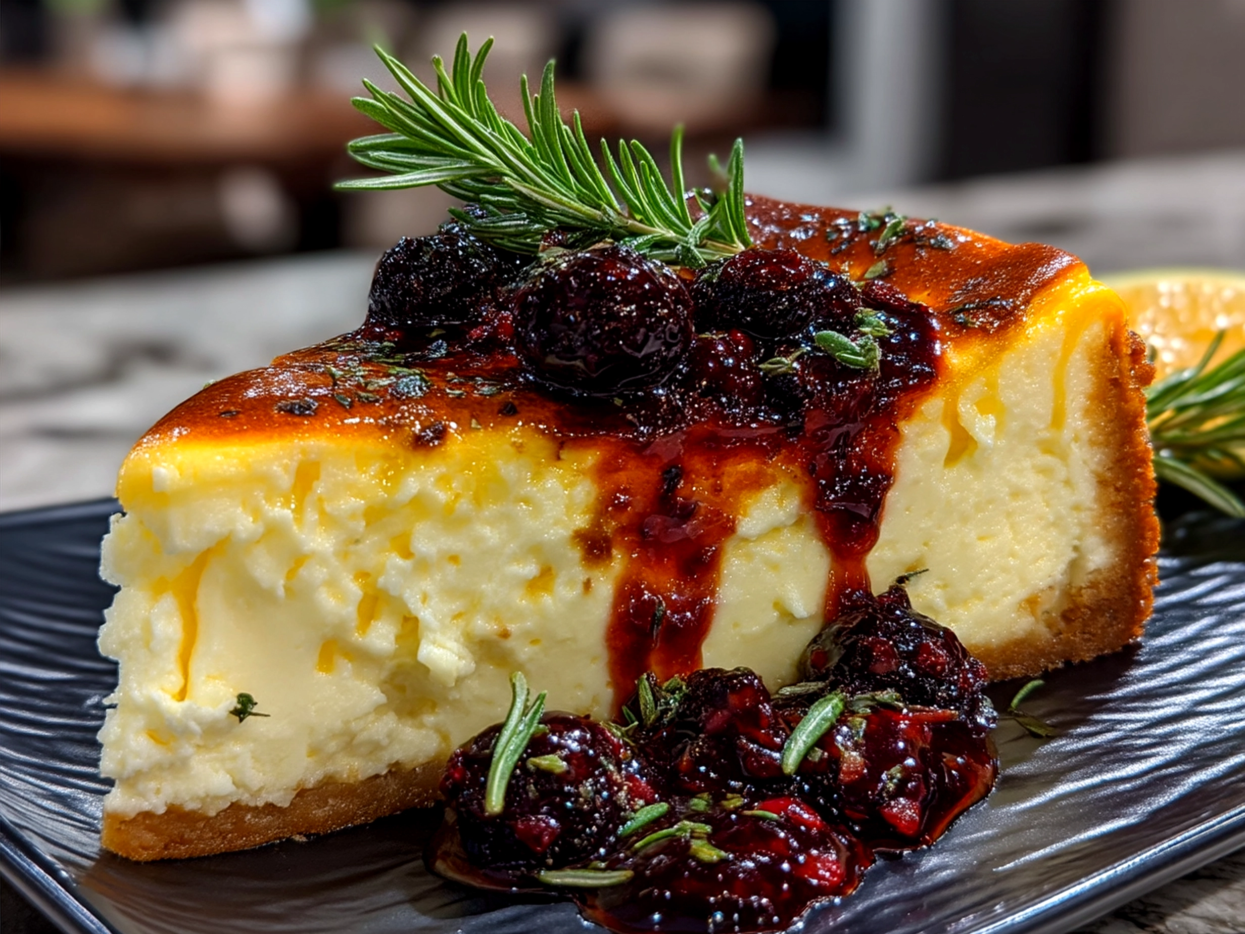 Finished Citrus Berry Burnt Cheesecake served ready to eat