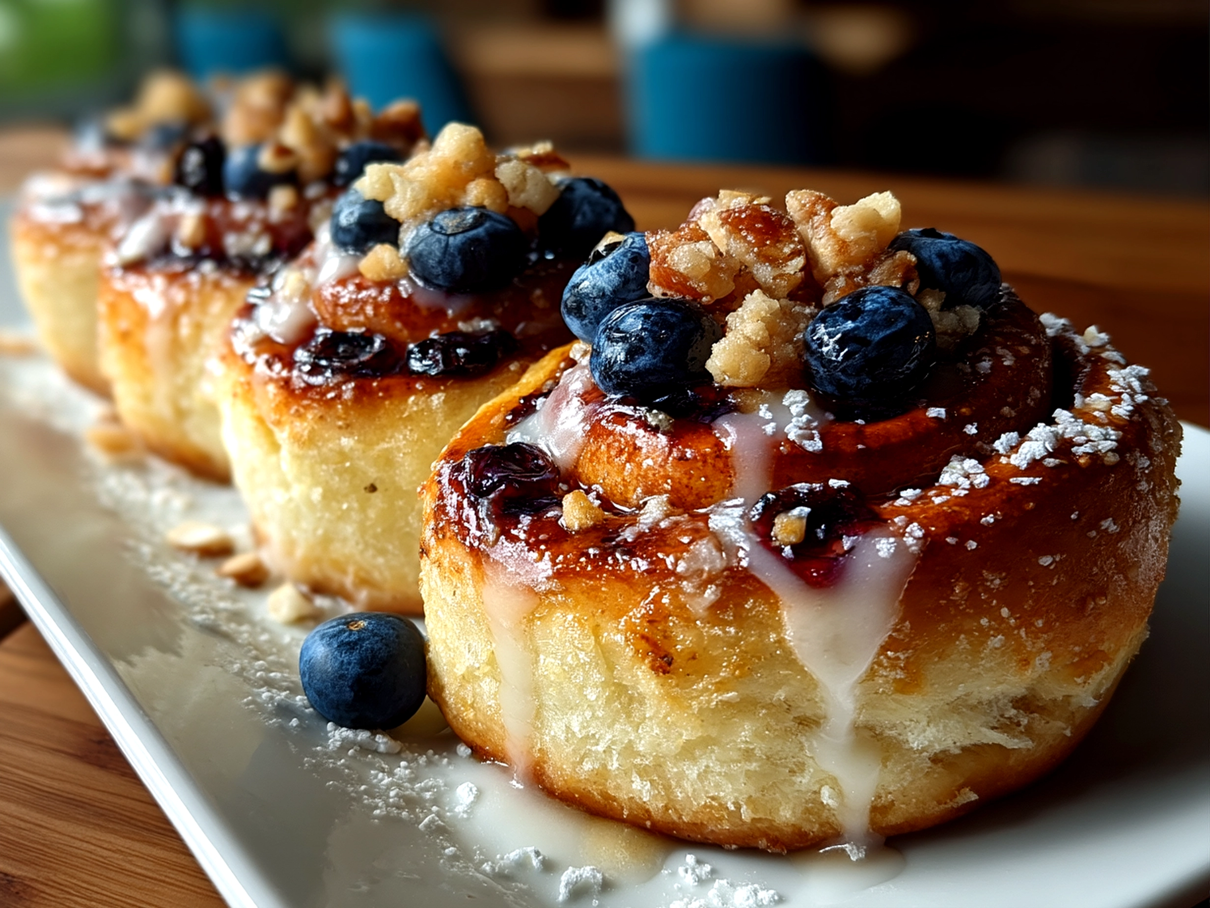 Close-up of freshly baked Blueberry Lemon Sourdough Sweet Rolls showing soft rolls with blueberries and lemon glaze