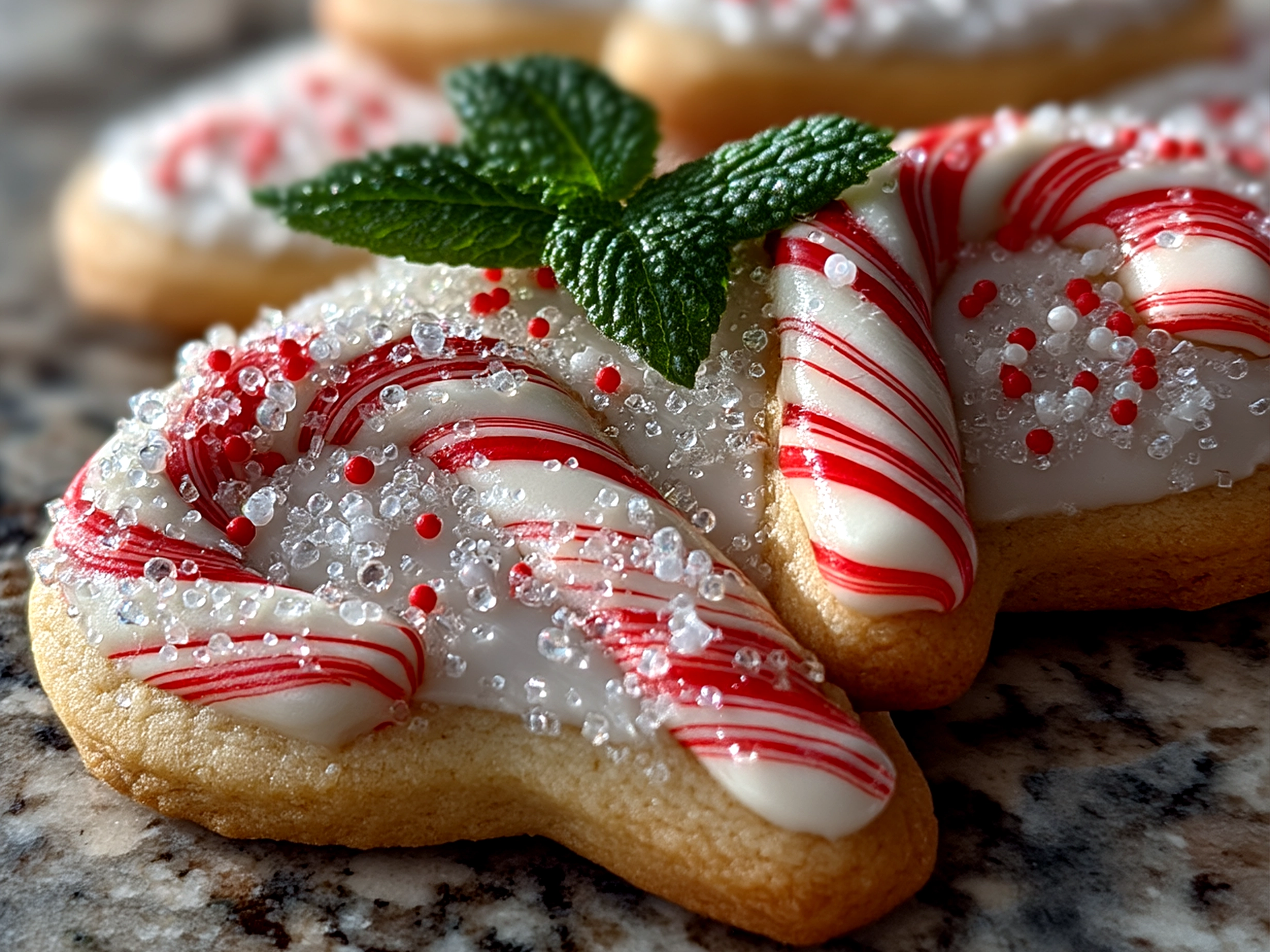 Close-up of finished Candy Cane Cookies with fresh garnish