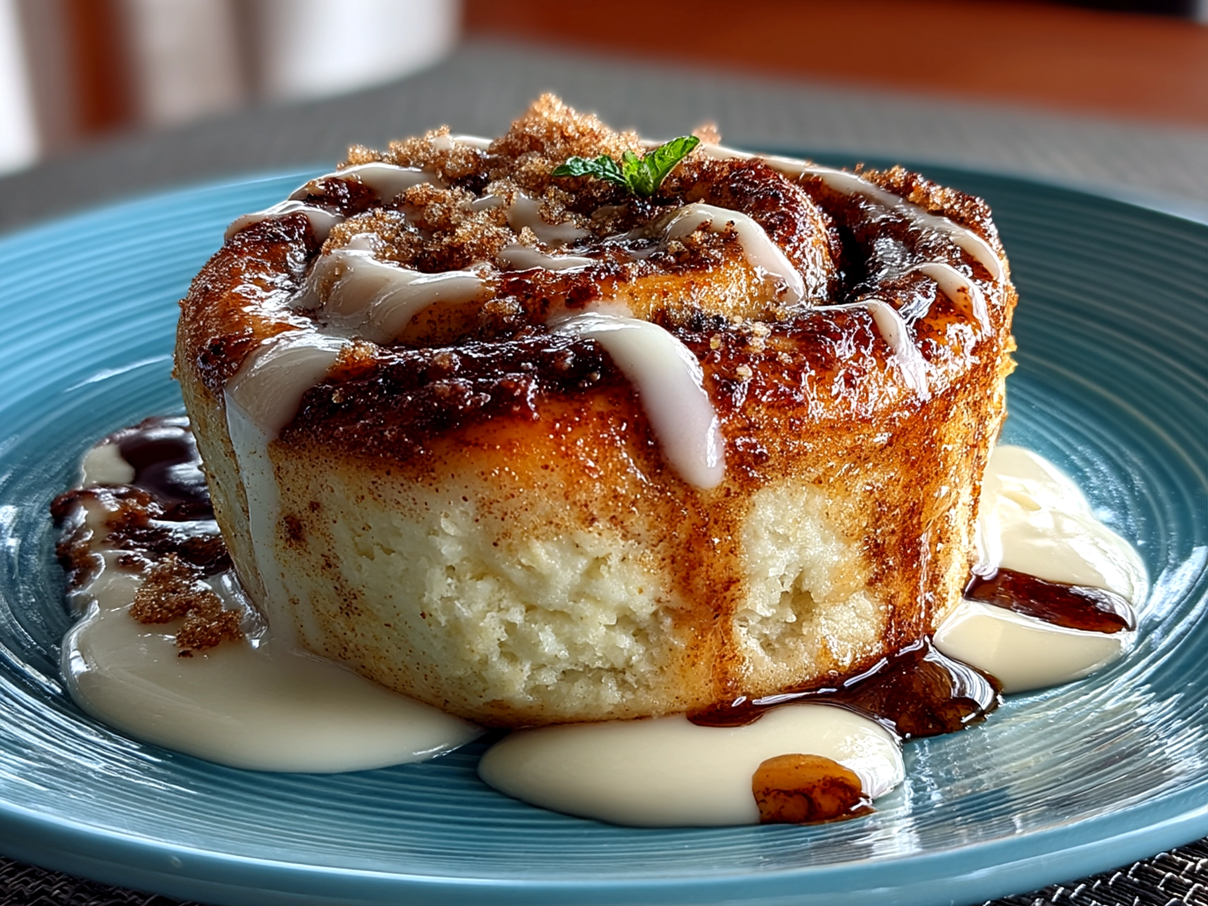 Close up finished cottage cheese cinnamon roll mug cake with light splashes on plate