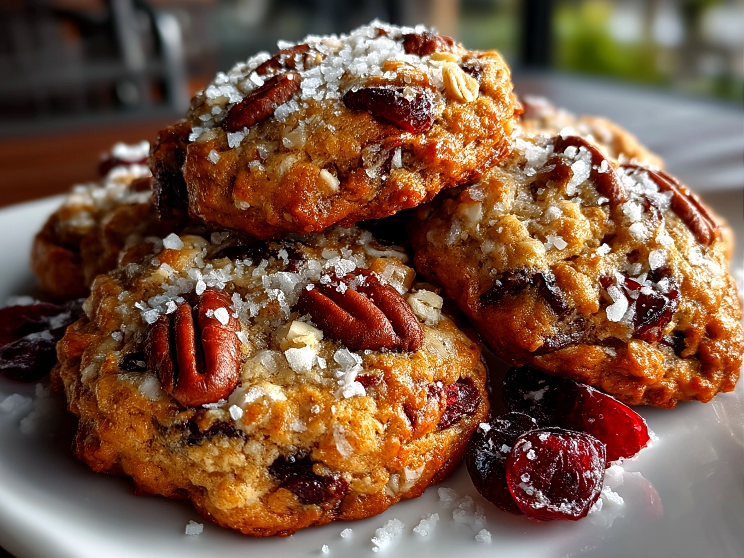 Close-up of finished Oatmeal Cranberry Pecan Cookies with golden texture