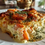 Close-up of freshly prepared creamy seafood gratin