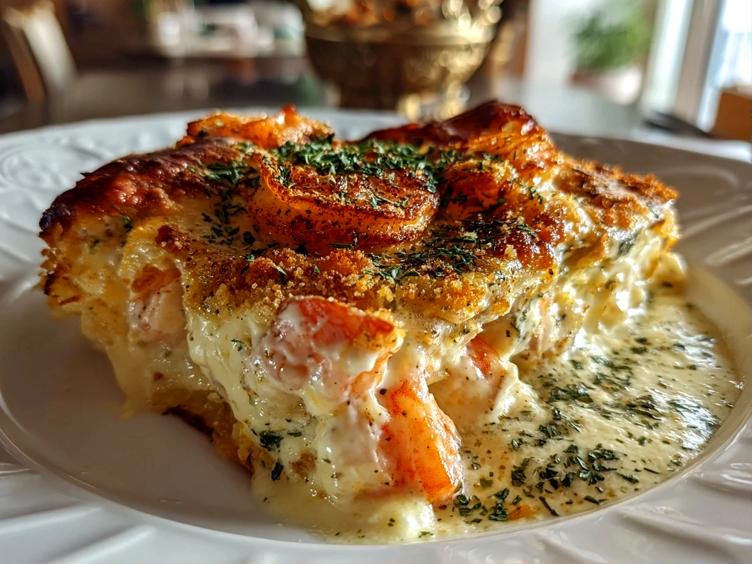 Close-up of freshly prepared creamy seafood gratin