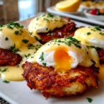 Close-up of freshly prepared Latke Eggs Benedict on a white plate