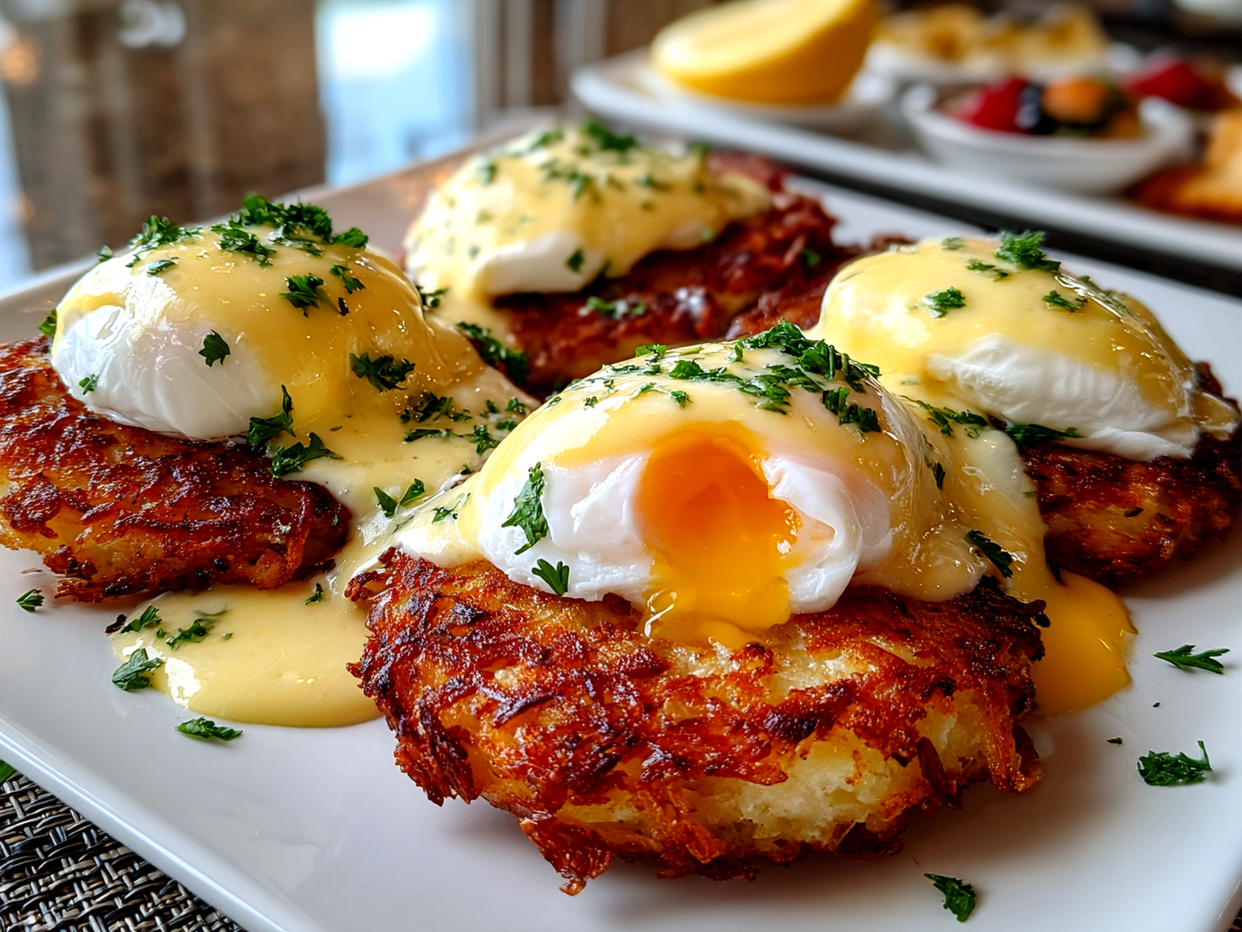 Close-up of freshly prepared Latke Eggs Benedict on a white plate