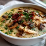 Comforting bowl of rotisserie chicken and mushroom soup