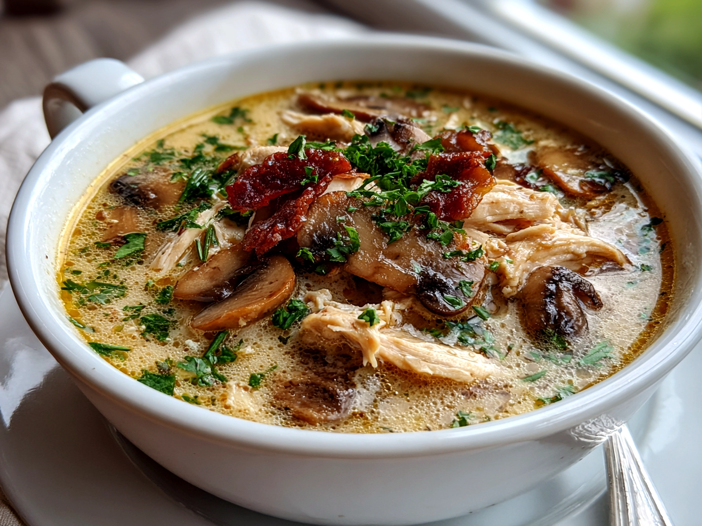 Comforting bowl of rotisserie chicken and mushroom soup