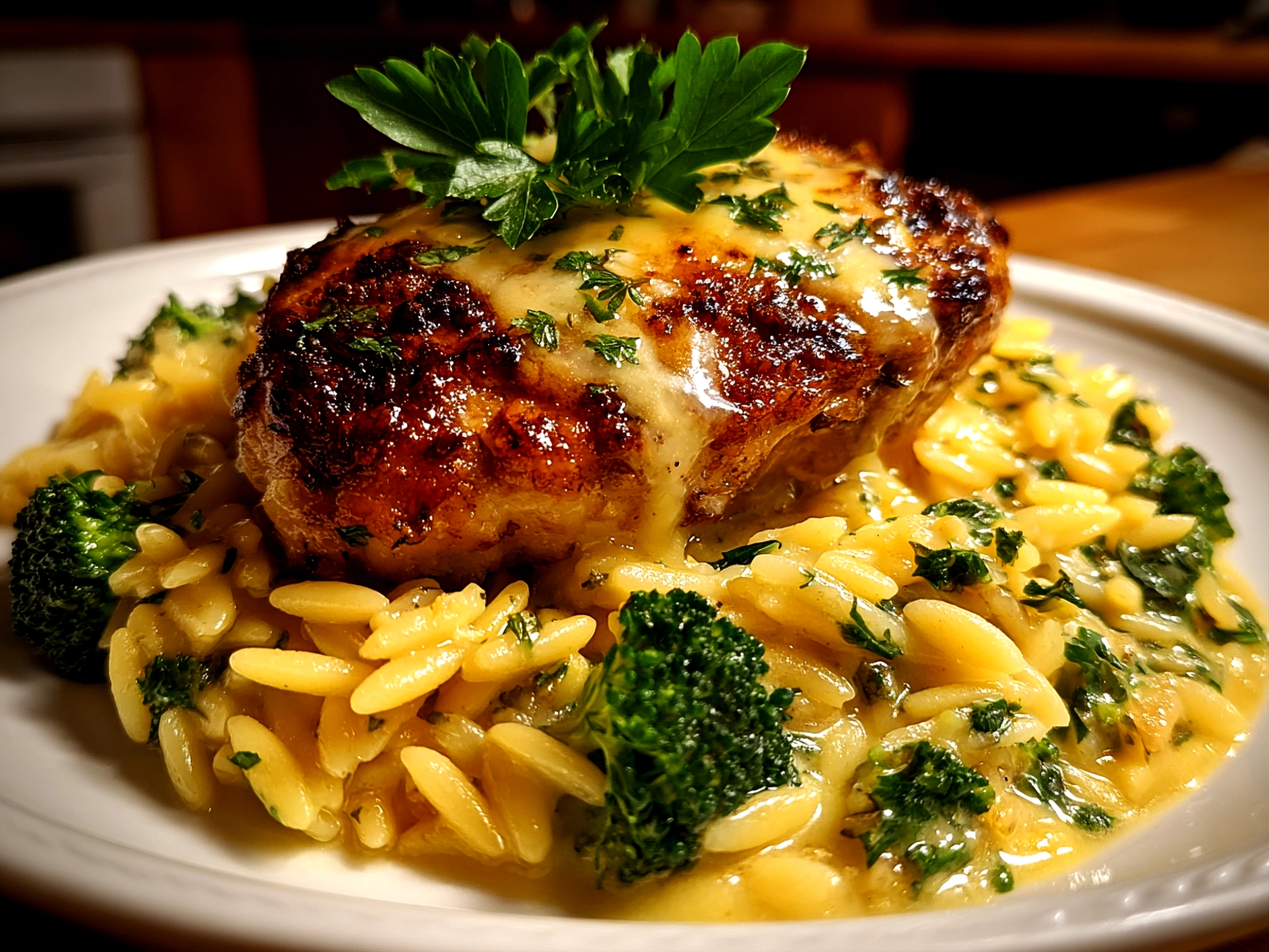 Comforting Cheesy Chicken Broccoli Orzo close-up