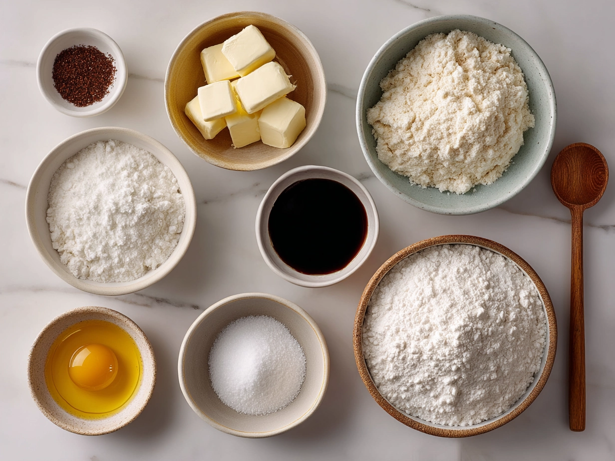 Ingredients for Cookie Croissant with croissant dough, chocolate chips, sugar, butter and flour laid out on a kitchen table