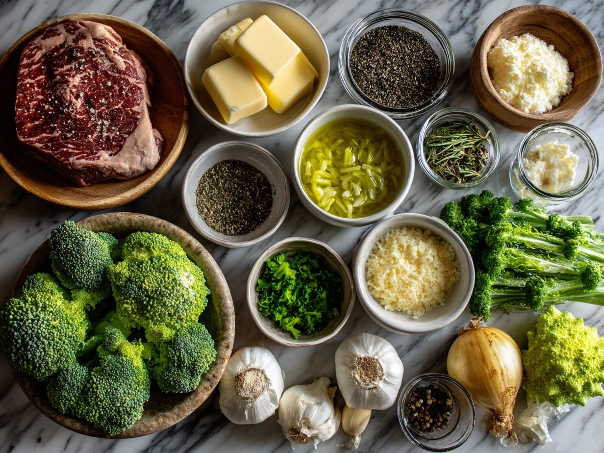Ingredients for Copycat Longhorn Broccoli including fresh broccoli, cream cheese, cheddar cheese, parmesan, and garlic