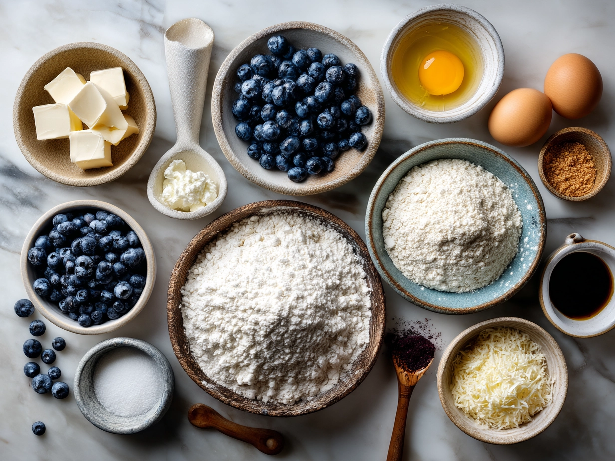 Ingredients laid out for Cottage Cheese Blueberry Cloud Bread including eggs, cottage cheese, blueberries, honey, vanilla, and cream of tartar
