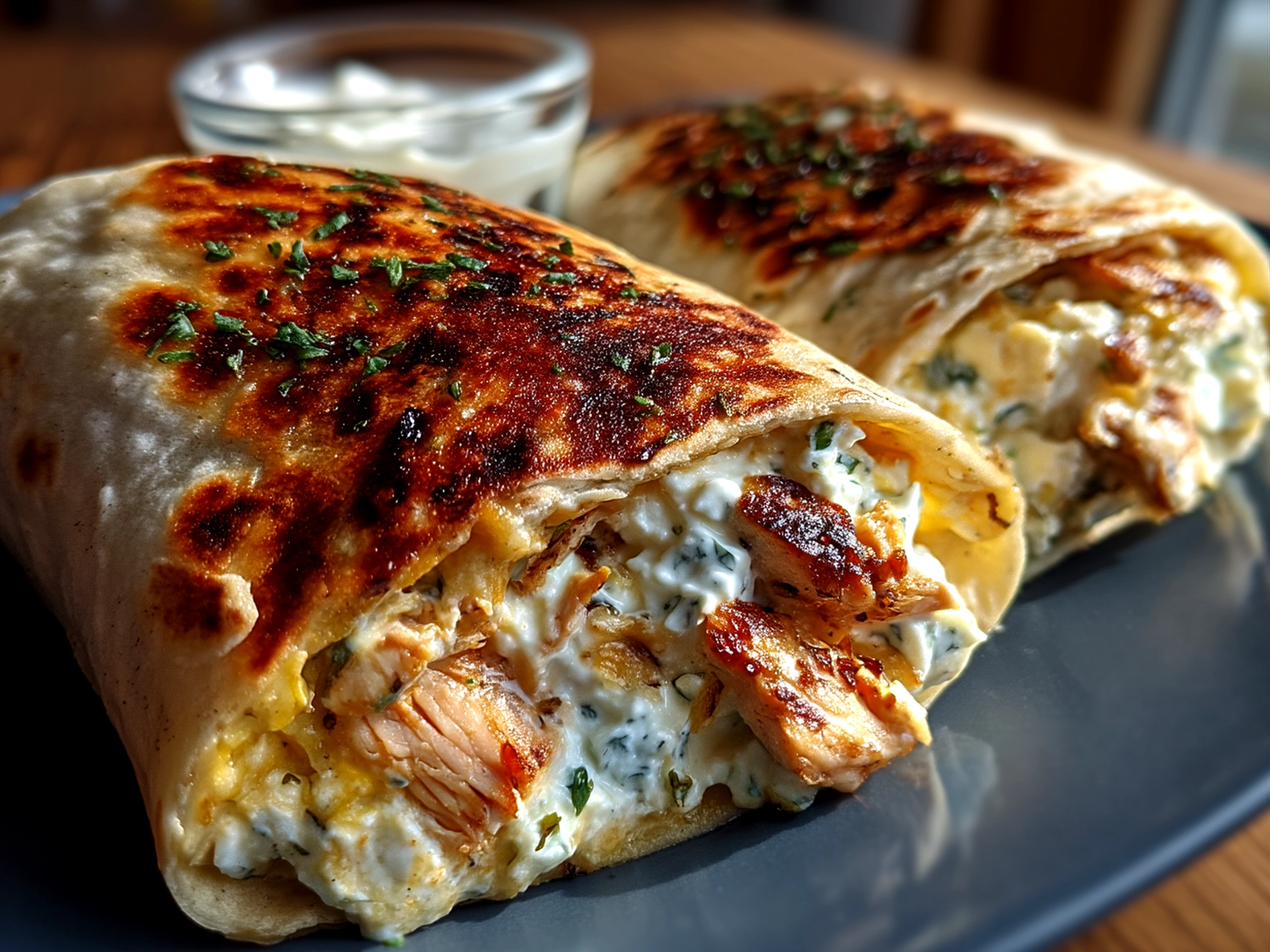 Served Cottage Cheese Wraps on a plate with fresh vegetables and dip
