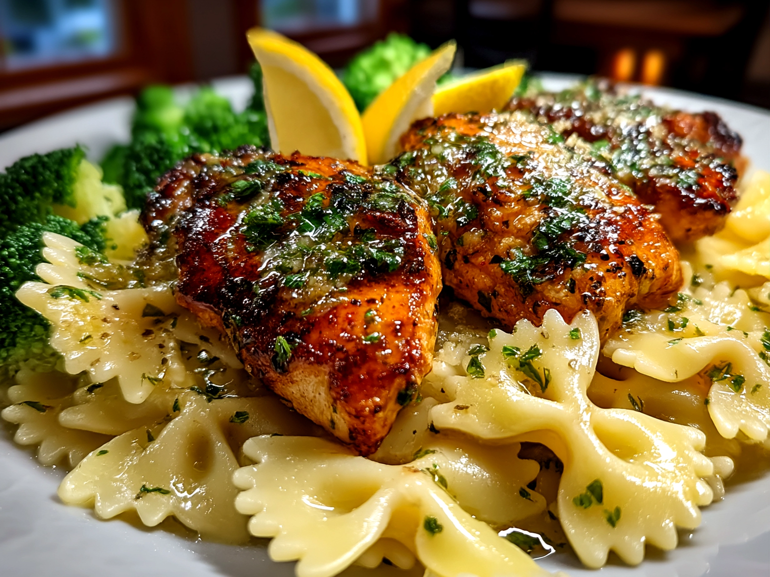 Served Cowboy Butter Lemon Bowtie Chicken with Broccoli on a plate with Parmesan cheese and fresh cracked pepper