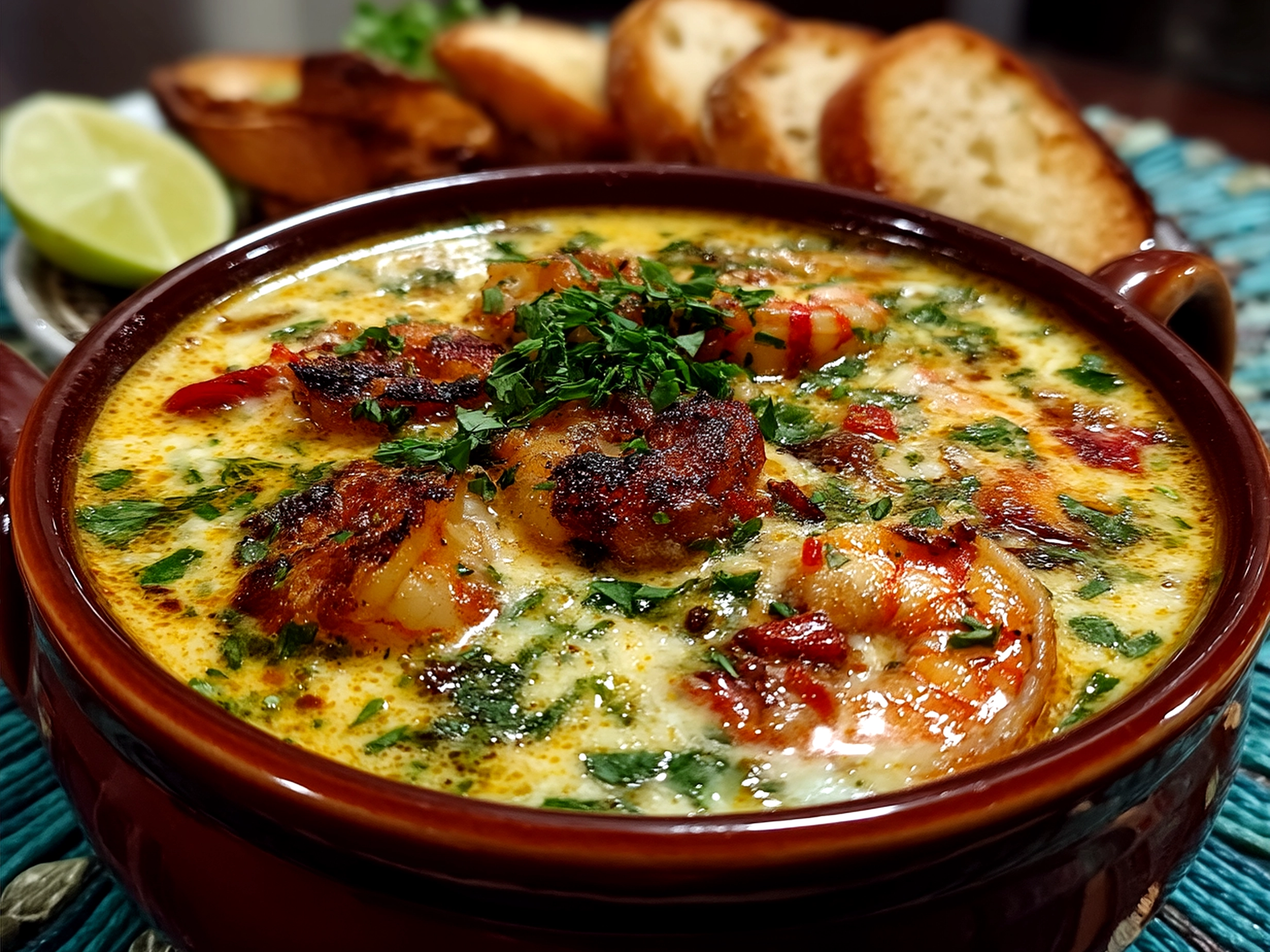 Cast iron skillet filled with creamy Crab Shrimp Queso, served with tortilla chips