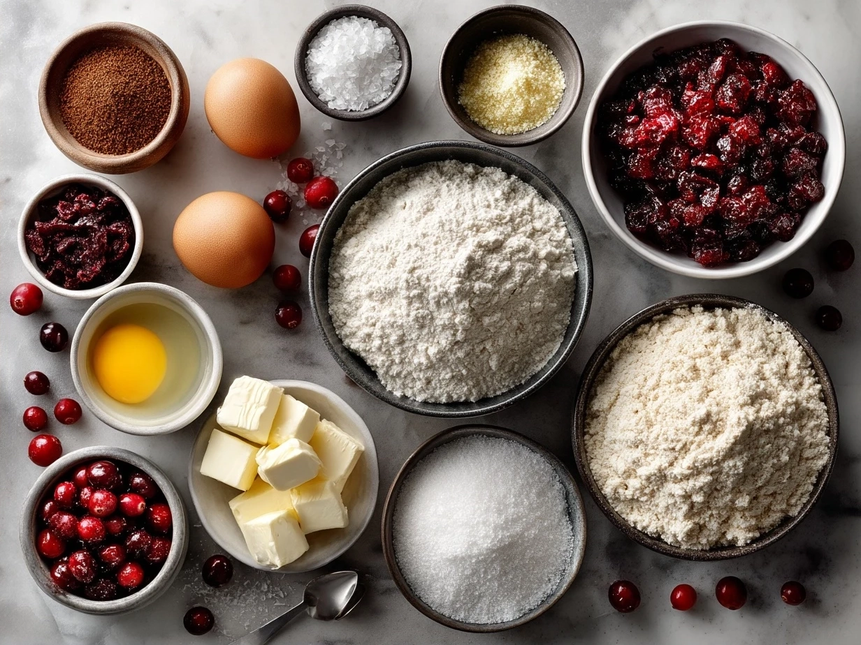 Ingredients for homemade cranberry bread including flour, sugar, eggs, sour cream, fresh cranberries, and nuts