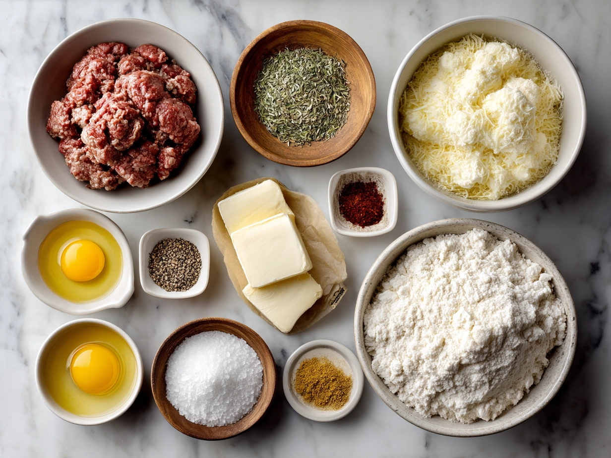 Ingredients laid out for making creamy beef pasta including ground beef, pasta, onion, garlic, cream, cheese and spices