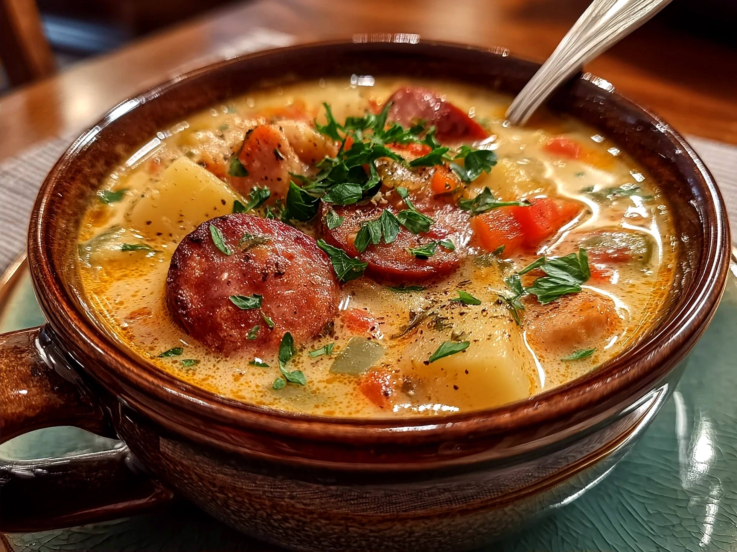 Bowl of creamy Cajun potato soup with Andouille sausage garnished with green onions and cheddar cheese, served with crusty bread