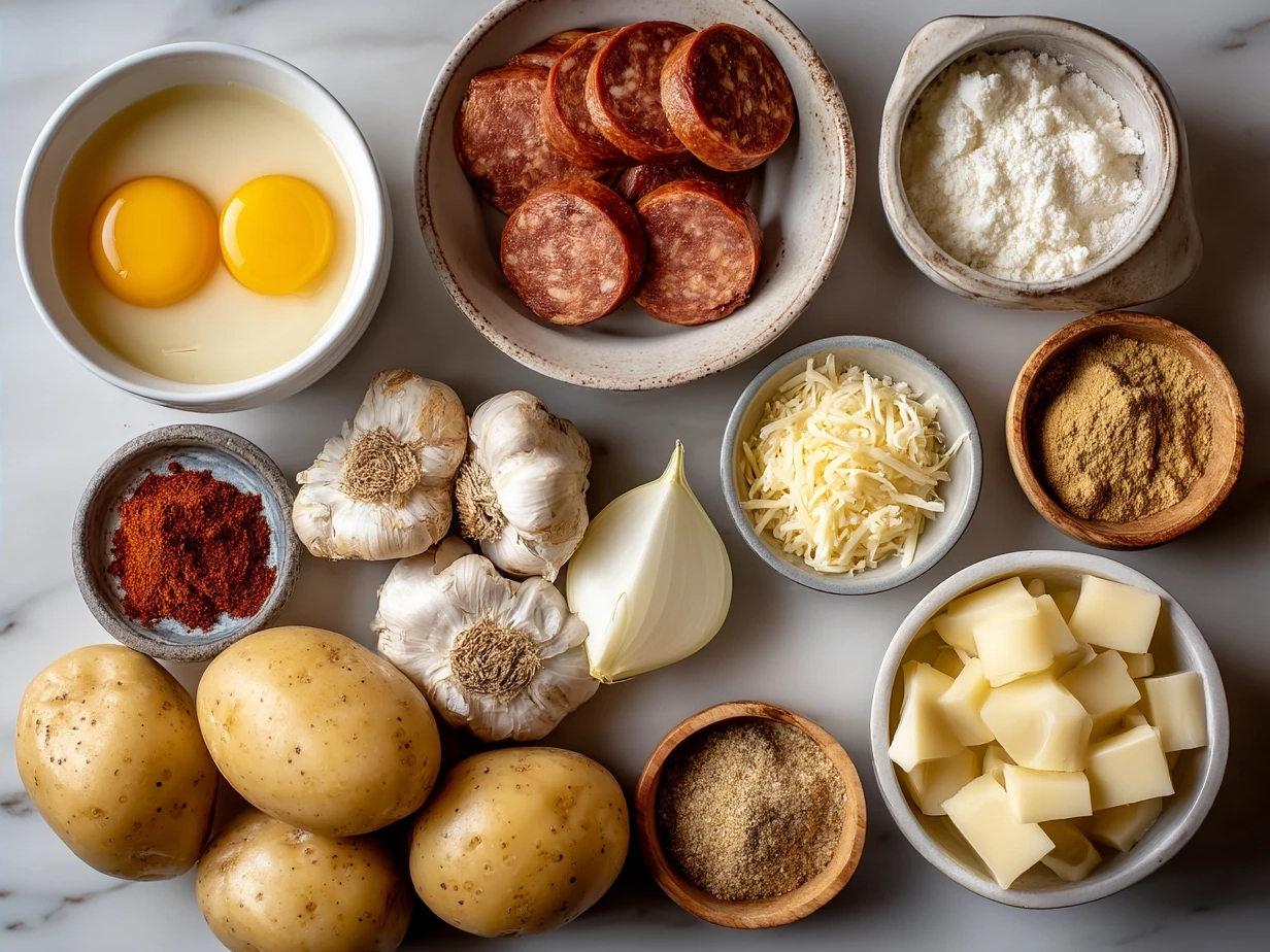 Ingredients for Creamy Cajun Potato Soup with Andouille Sausage show Andouille sausage, potatoes, spices and more on a kitchen counter