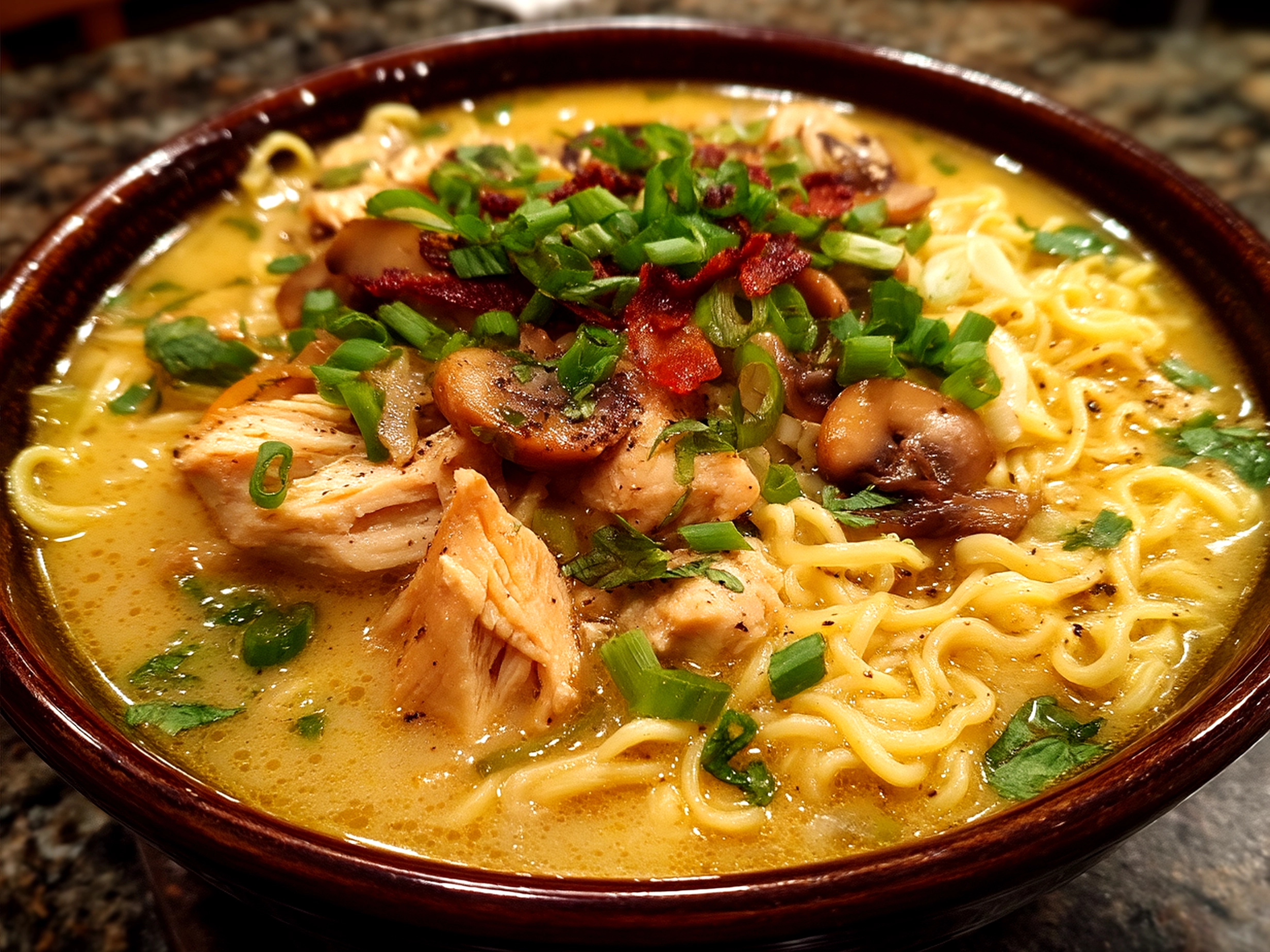 Serving bowl of creamy garlic chicken ramen garnished with green onions and sesame oil drizzle