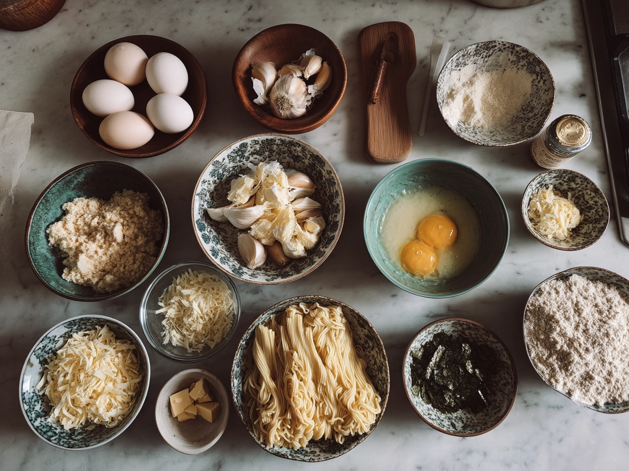 Ingredients for creamy garlic chicken ramen laid out including garlic, chicken, mushrooms, and broth