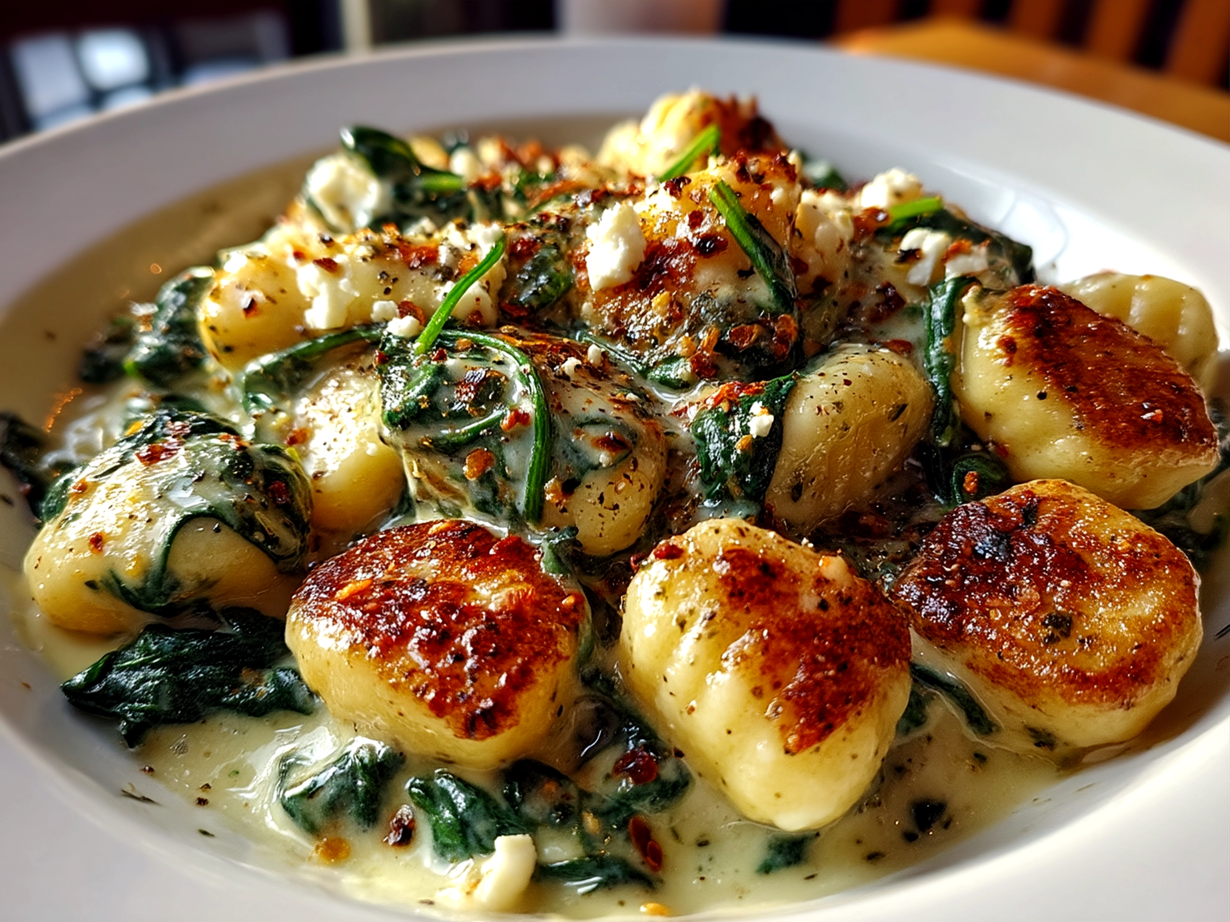 Creamy Gnocchi with Spinach and Feta served on a plate with garnish