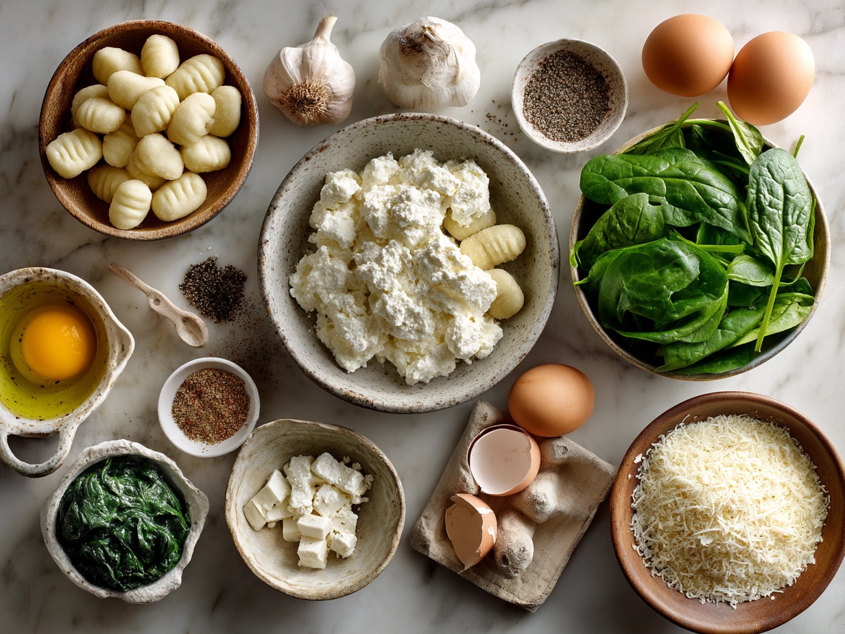 Ingredients for Creamy Gnocchi with Spinach and Feta including gnocchi, spinach, feta, cream, Parmesan, garlic and olive oil