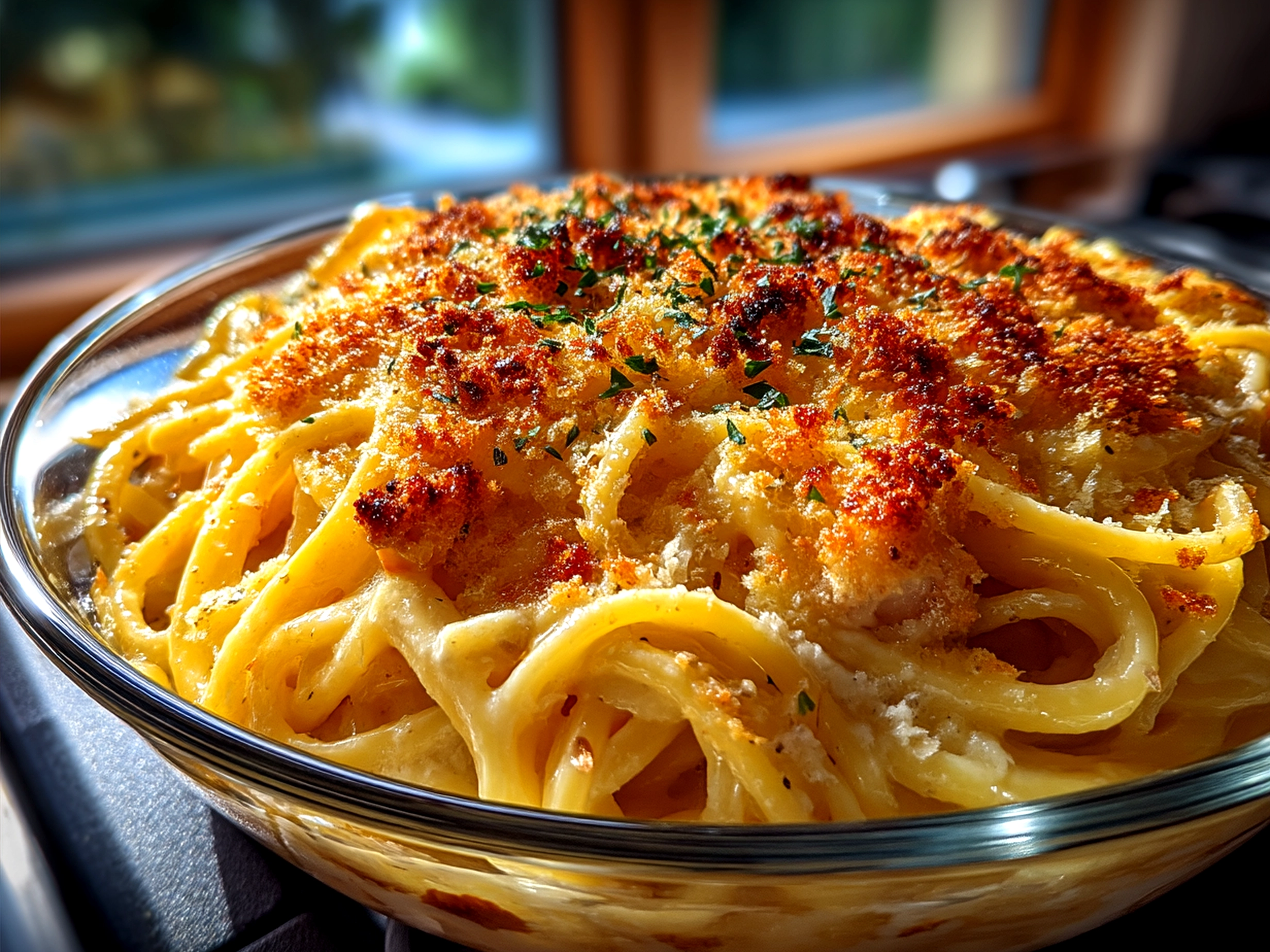 Creamy roast garlic and lemon pasta sauce served with fresh herbs and pasta