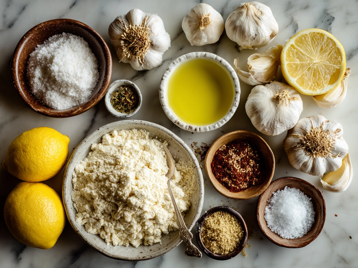 Ingredients for creamy roast garlic and lemon pasta sauce including garlic, butter, lemon, Parmesan, and cream
